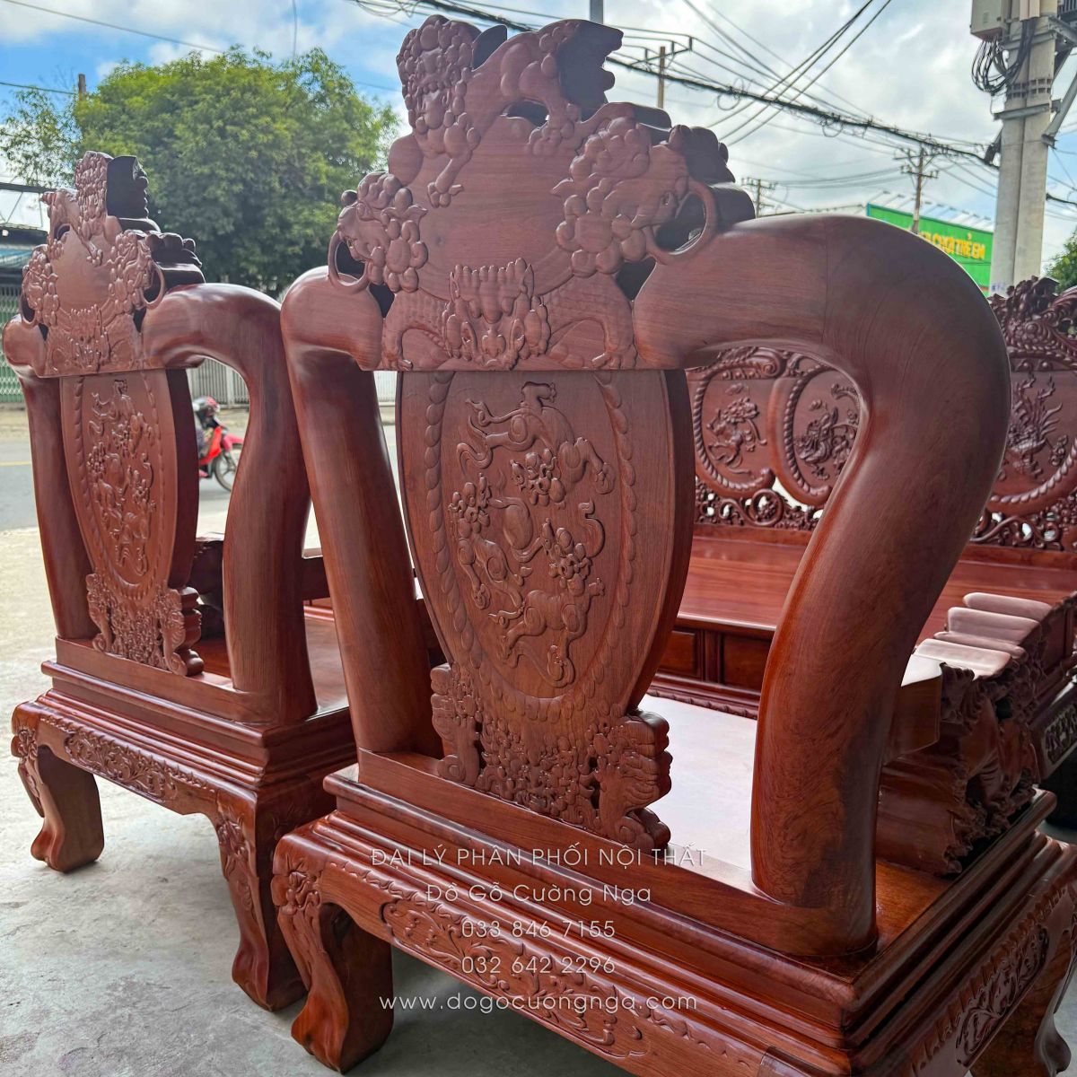 Bộ Bàn Ghế Salon Gỗ Hương Đá Chạm Nghê 6 món, tay 12