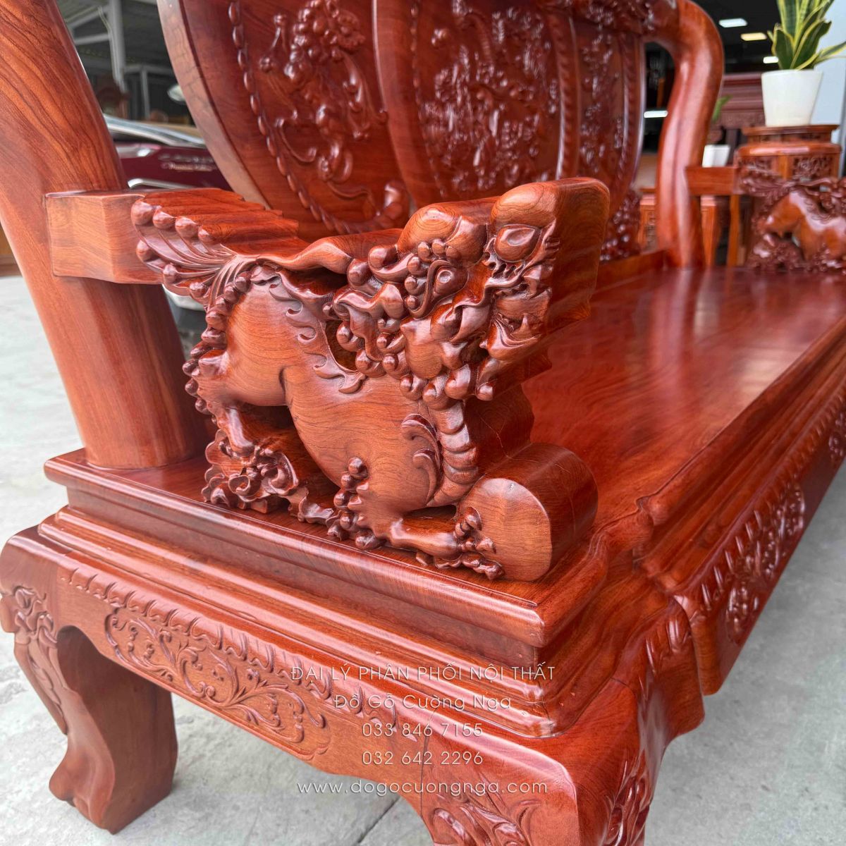 Bộ Bàn Ghế Salon Gỗ Hương Đá Chạm Nghê 6 món, tay 12