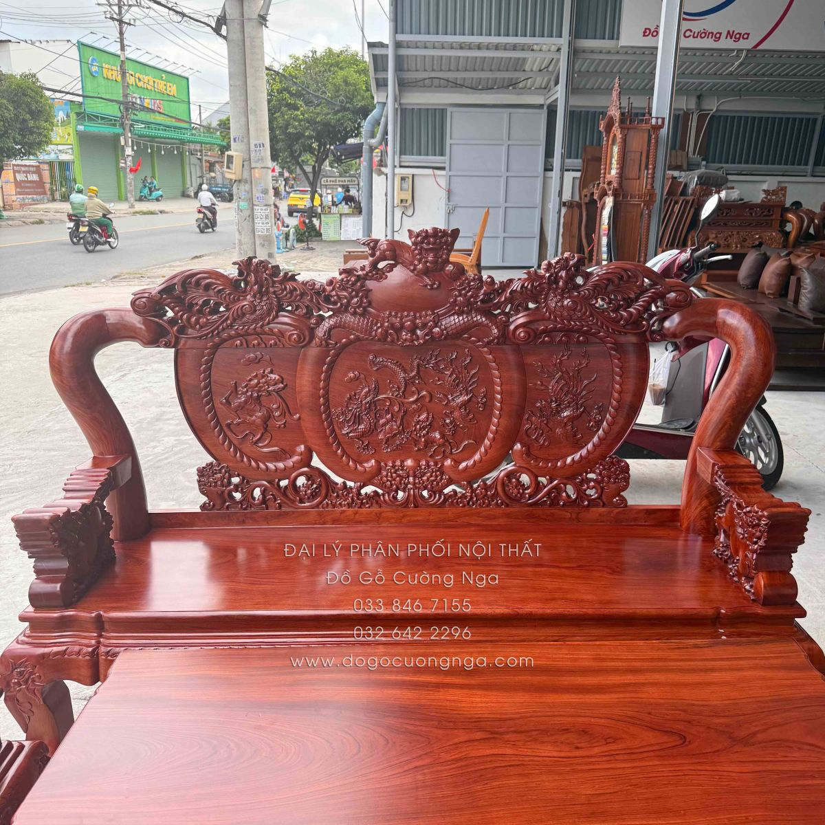 Bộ Bàn Ghế Salon Gỗ Hương Đá Chạm Nghê 6 món, tay 12