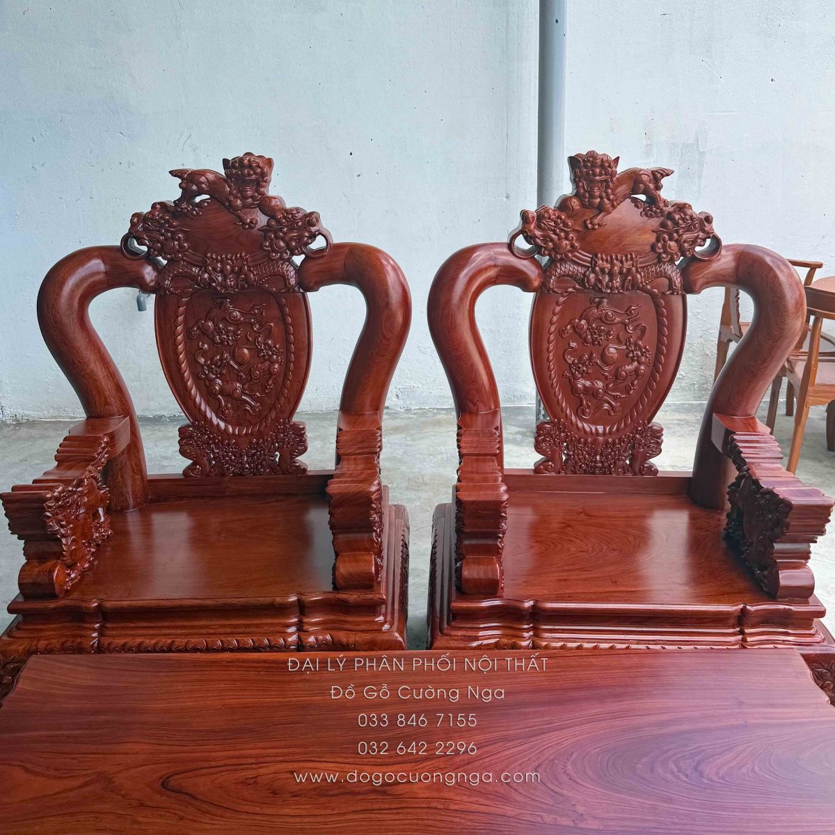 Bộ Bàn Ghế Salon Gỗ Hương Đá Chạm Nghê 6 món, tay 12
