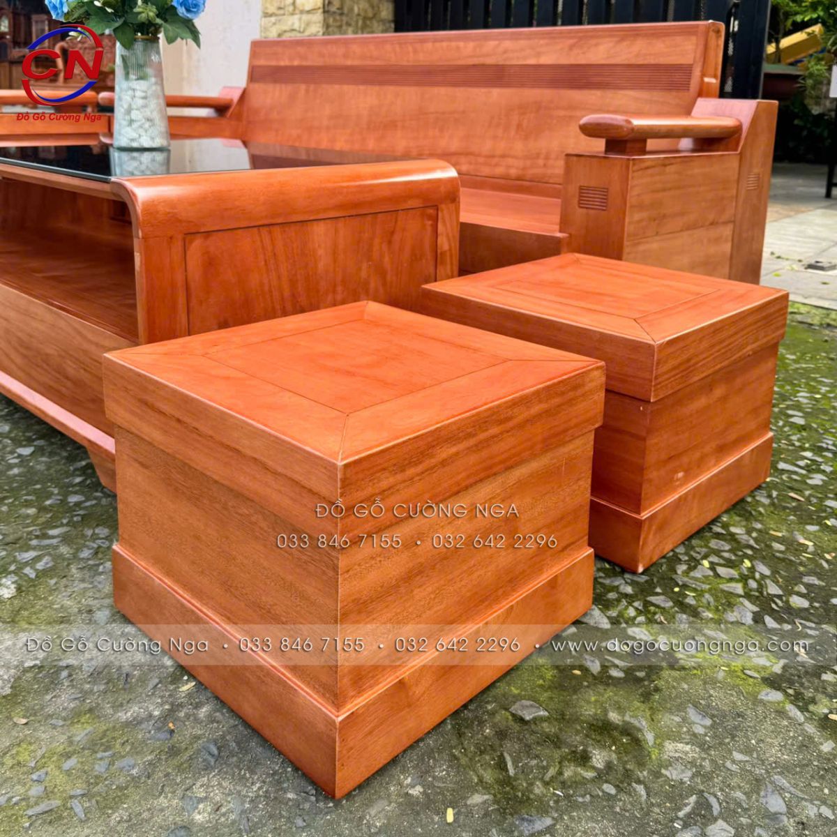Sofa Gỗ Đinh Hương Góc L Đổi Chiều Kèm Bàn Boom