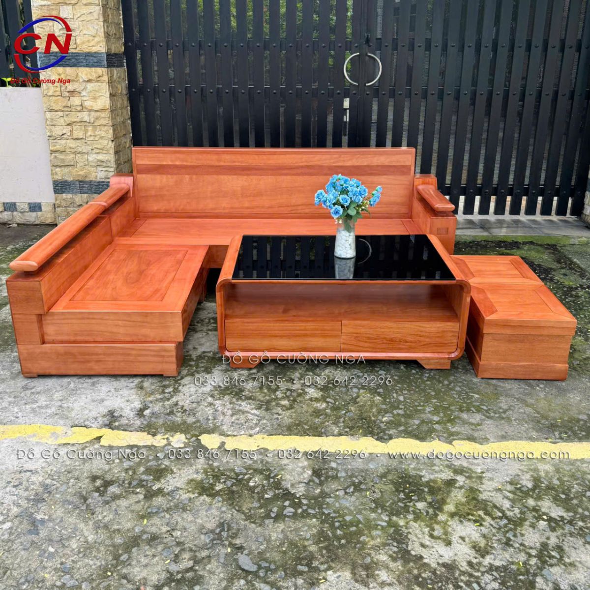 Sofa Gỗ Đinh Hương Góc L Đổi Chiều Kèm Bàn Boom