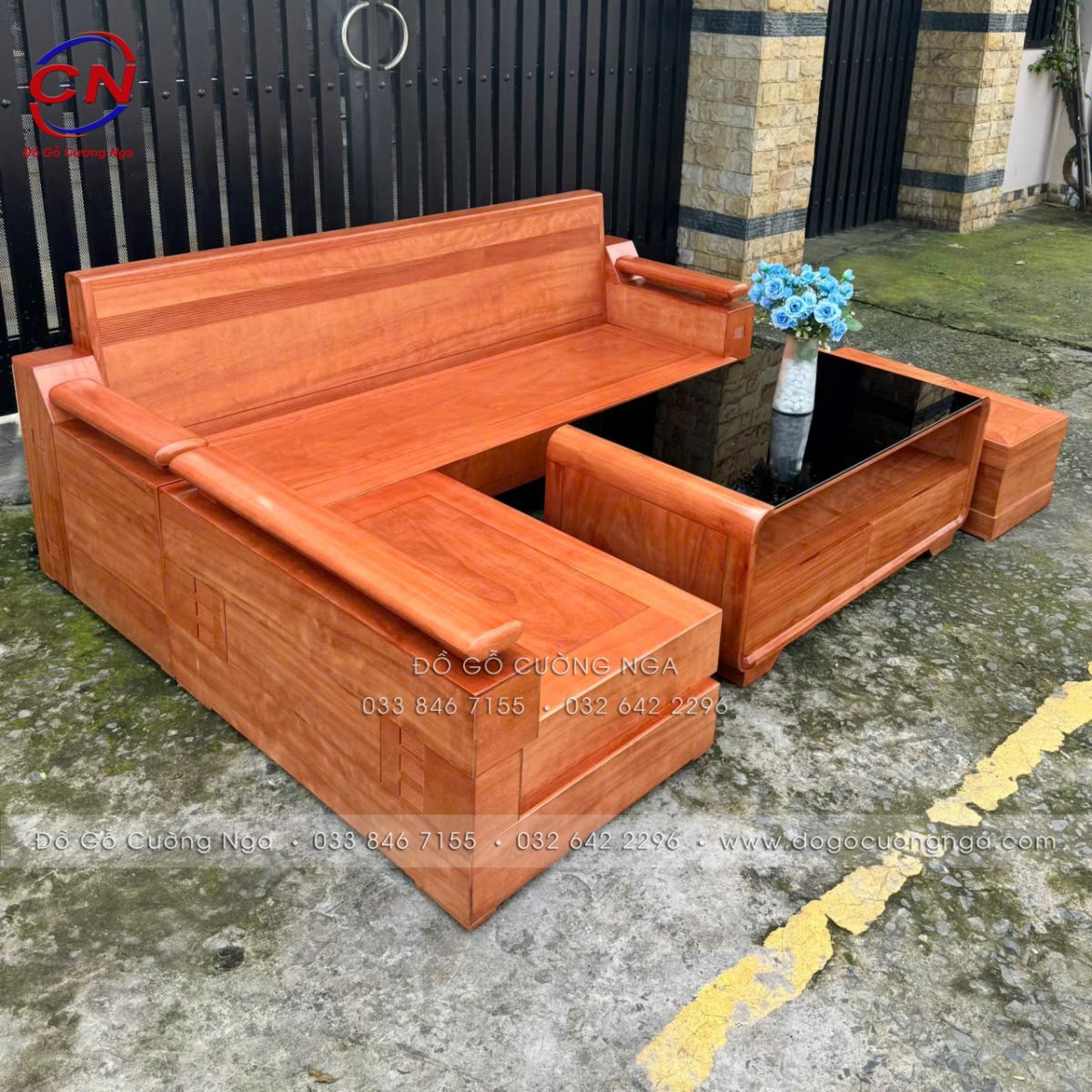 Sofa Gỗ Đinh Hương Góc L Đổi Chiều Kèm Bàn Boom