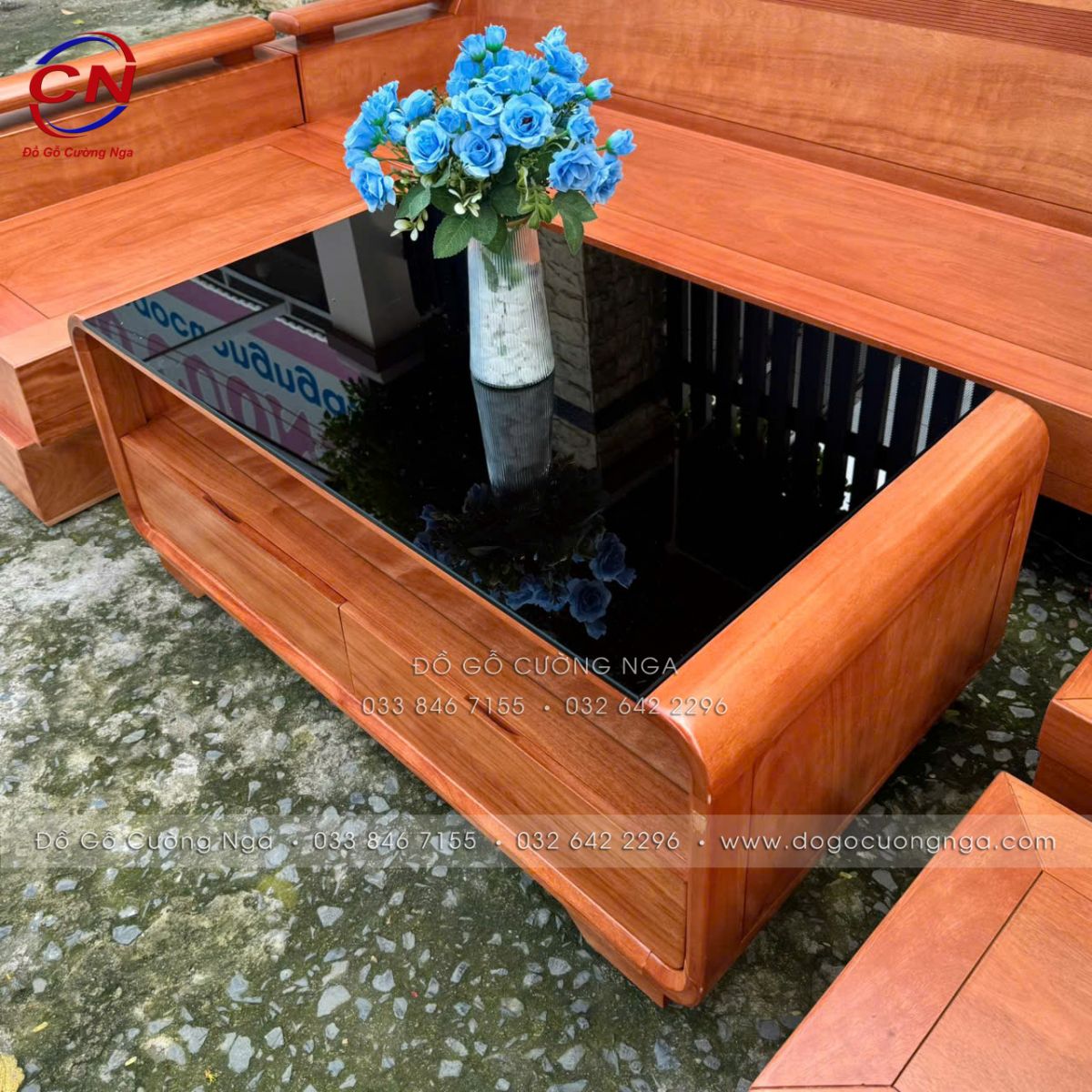 Sofa Gỗ Đinh Hương Góc L Đổi Chiều Kèm Bàn Boom