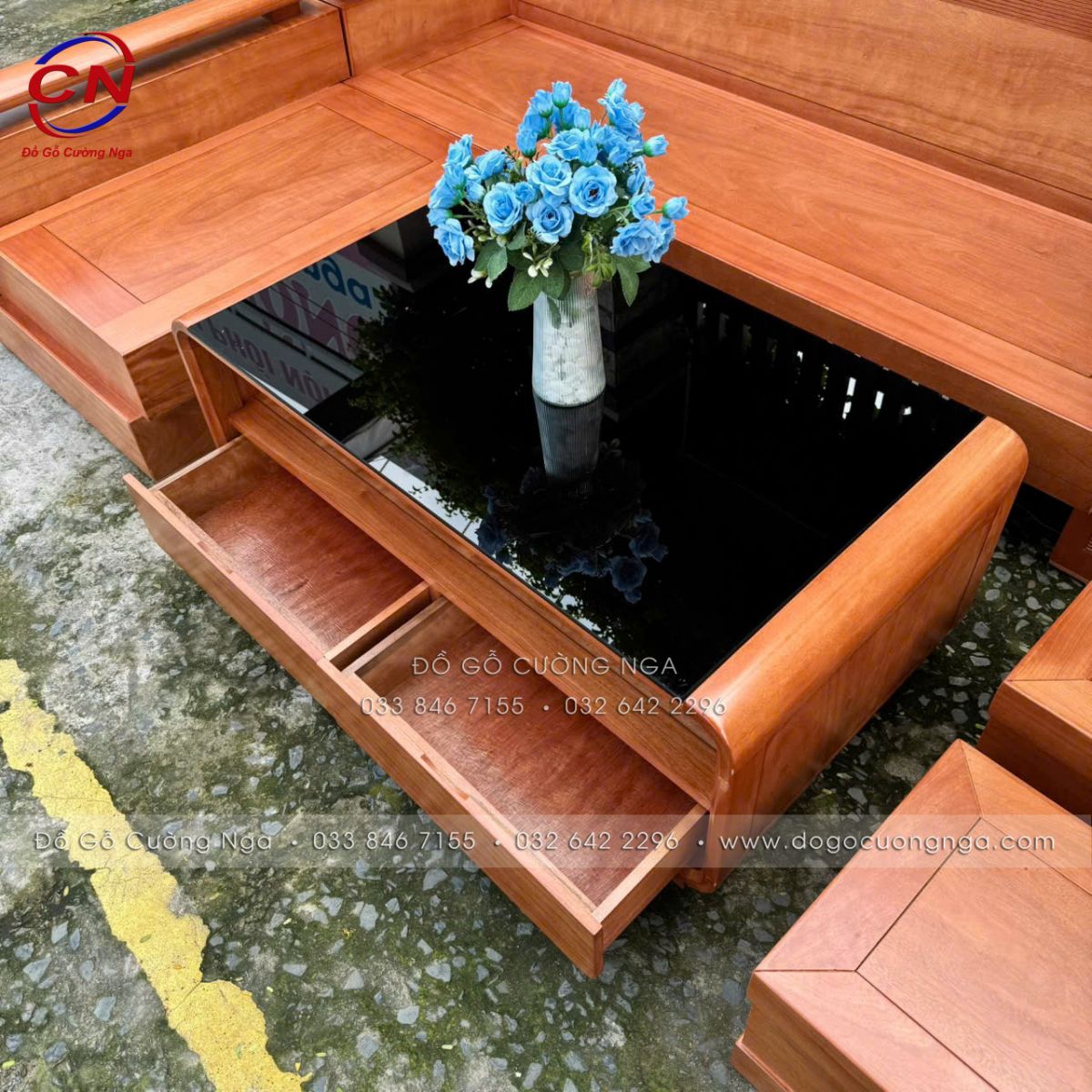 Sofa Gỗ Đinh Hương Góc L Đổi Chiều Kèm Bàn Boom