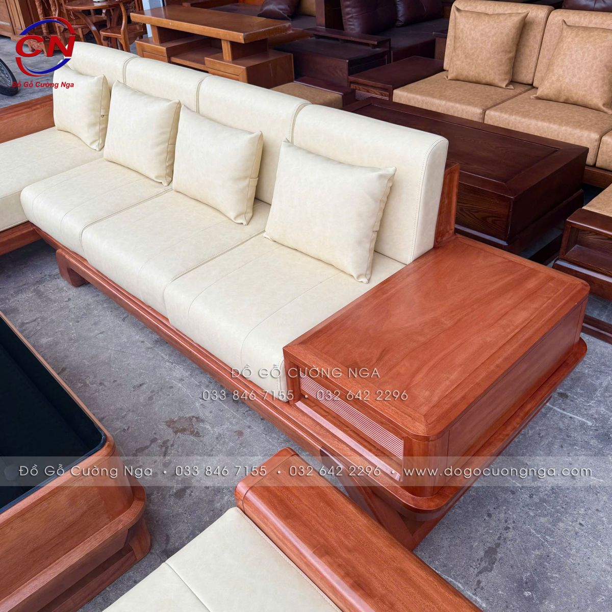 sofa gỗ đinh hương góc L 2m9x1m8 chân thuyền