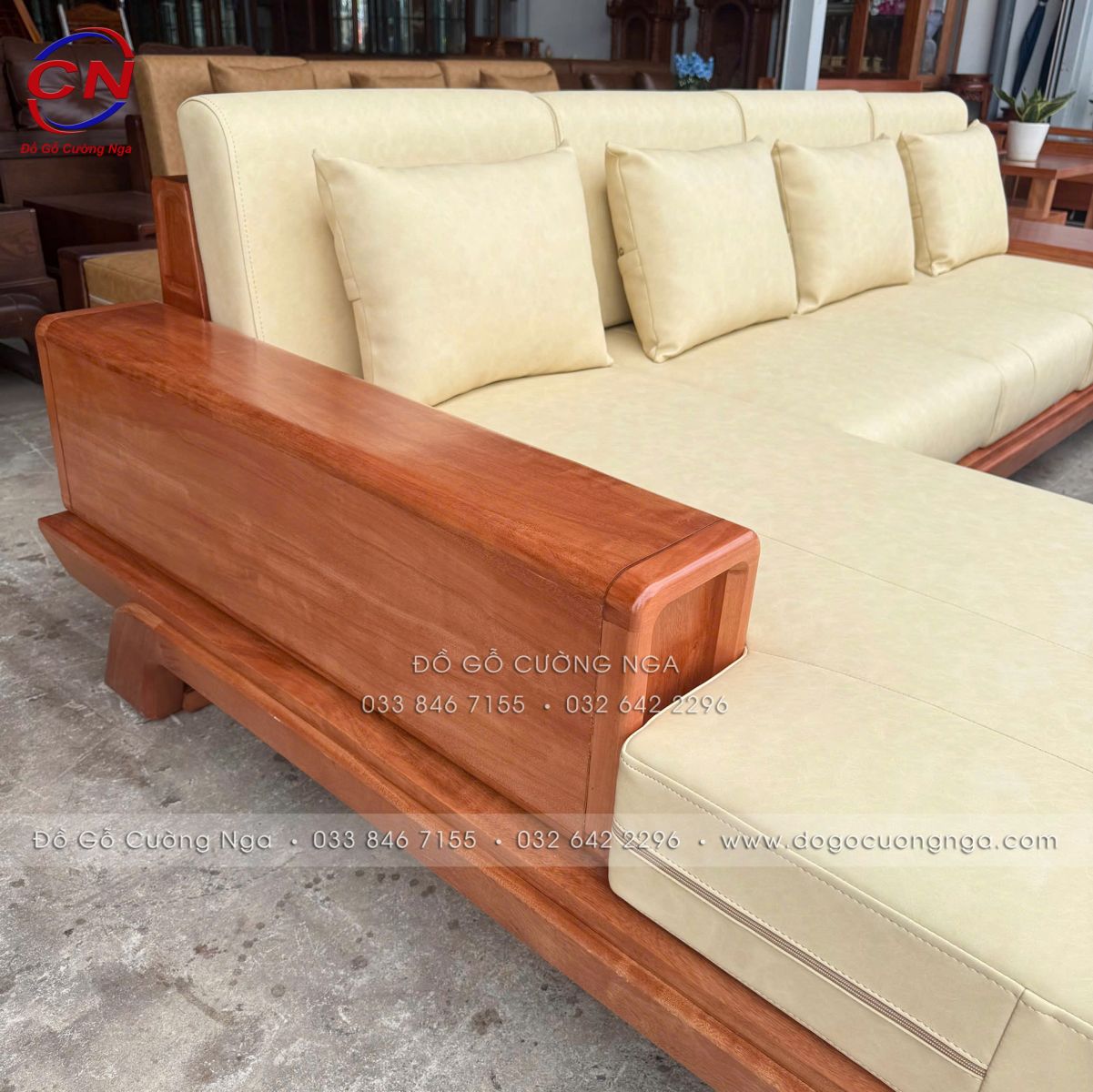 sofa gỗ đinh hương góc L 2m9x1m8 chân thuyền