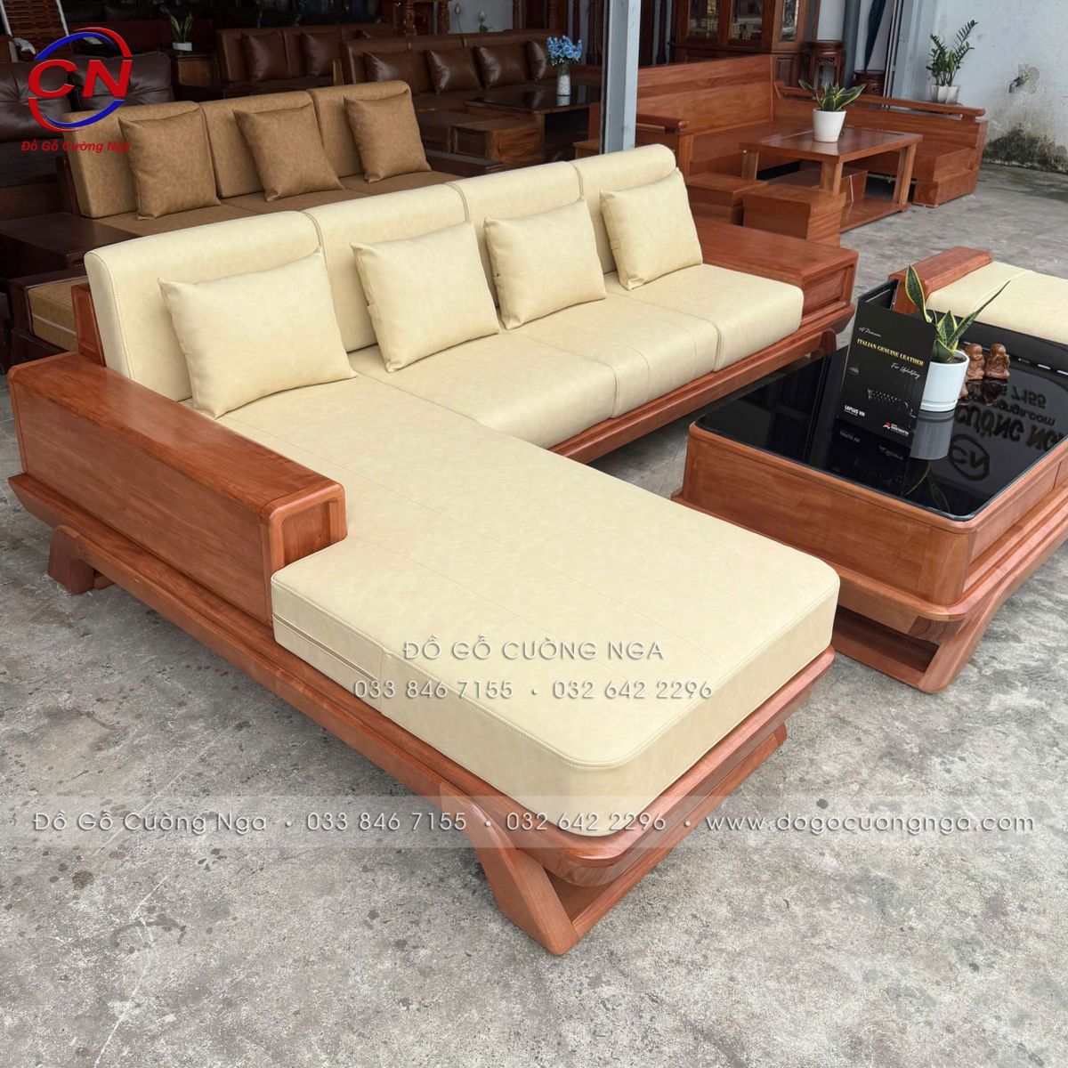sofa gỗ đinh hương góc L 2m9x1m8 chân thuyền