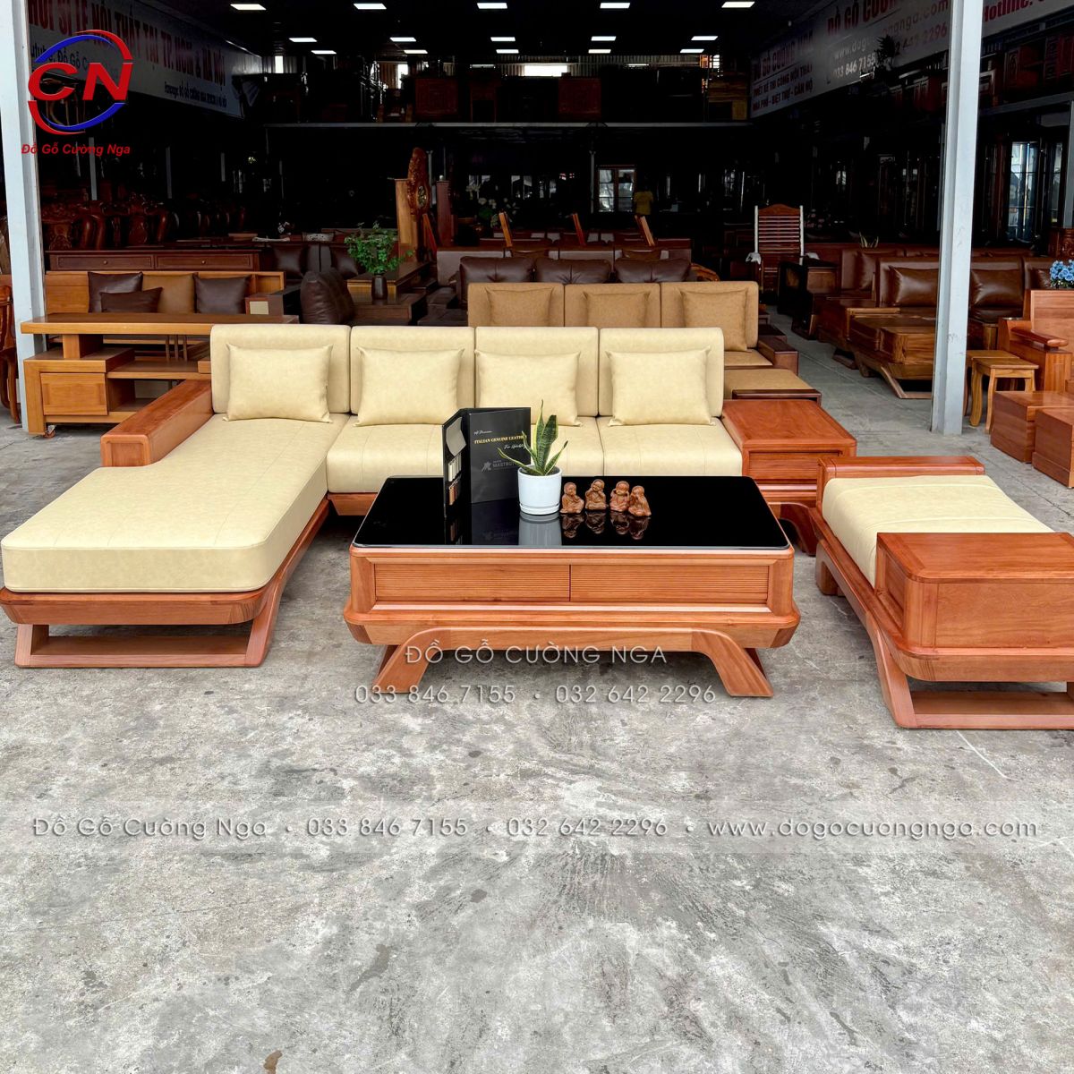 sofa gỗ đinh hương góc L 2m9x1m8 chân thuyền