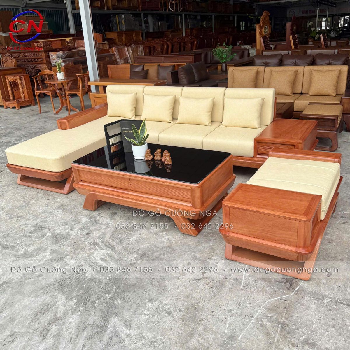 sofa gỗ đinh hương góc L 2m9x1m8 chân thuyền