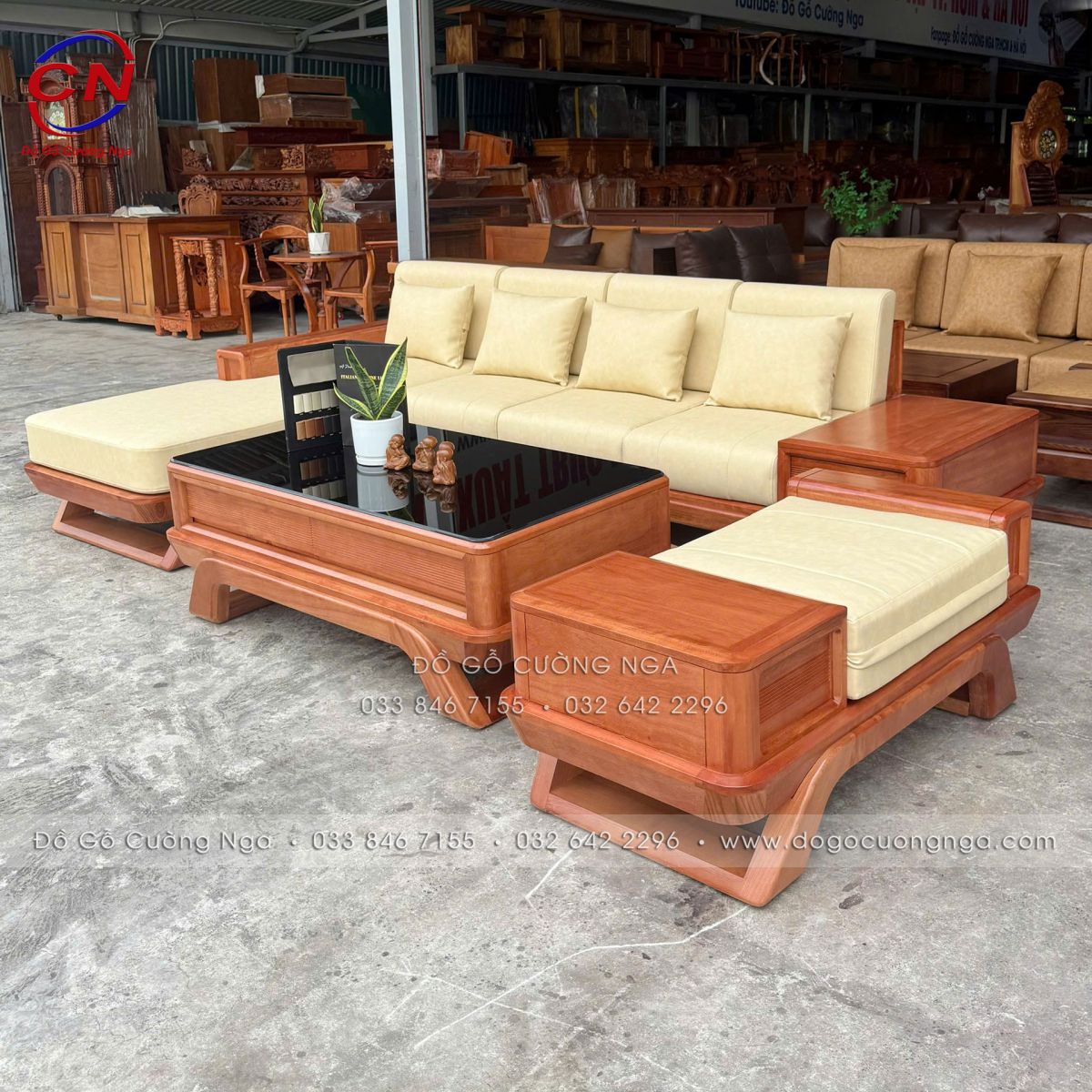 sofa gỗ đinh hương góc L 2m9x1m8 chân thuyền
