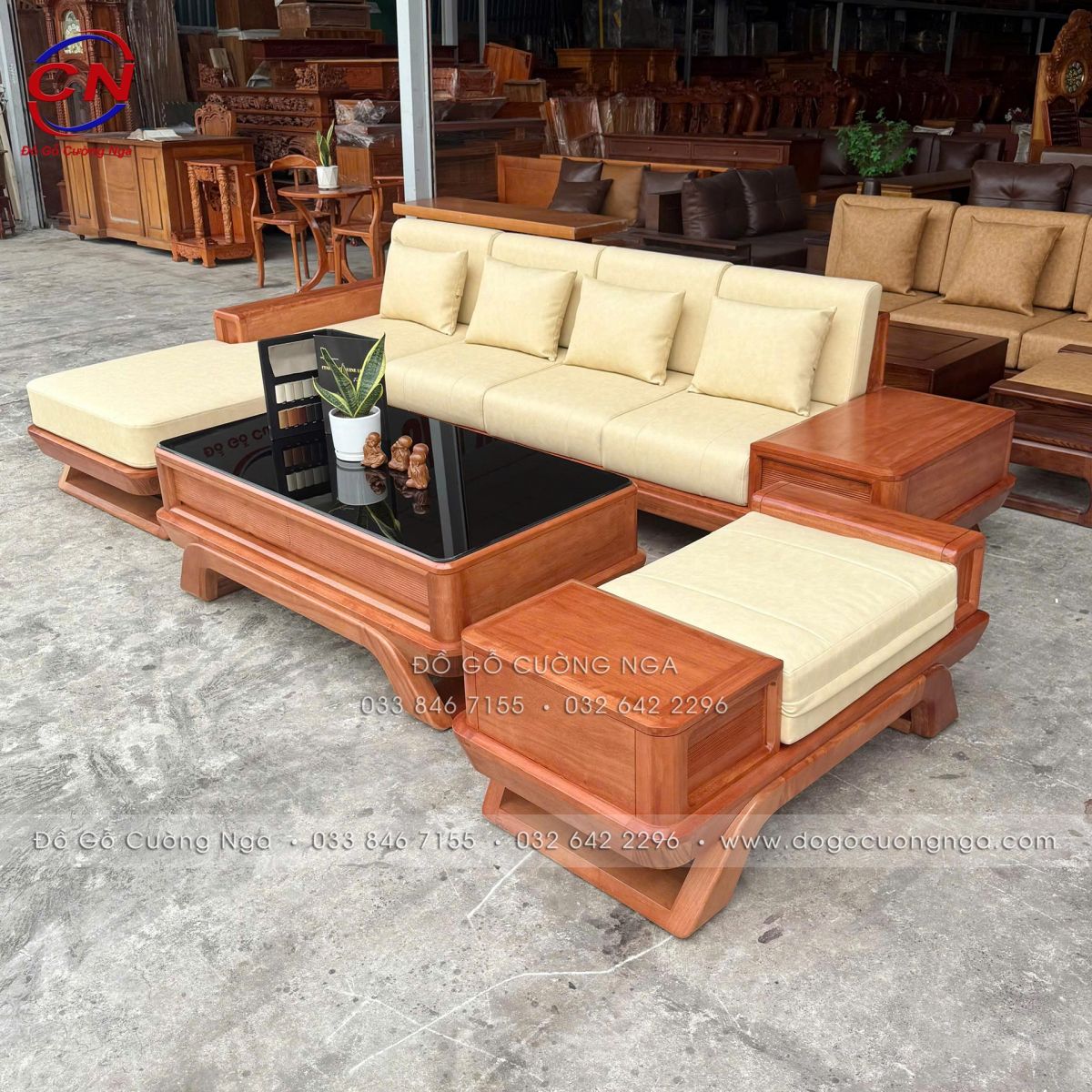 sofa gỗ đinh hương góc L 2m9x1m8 chân thuyền