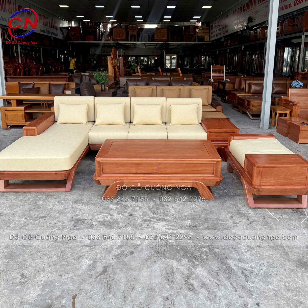 sofa gỗ đinh hương góc L 2m9x1m8 chân thuyền