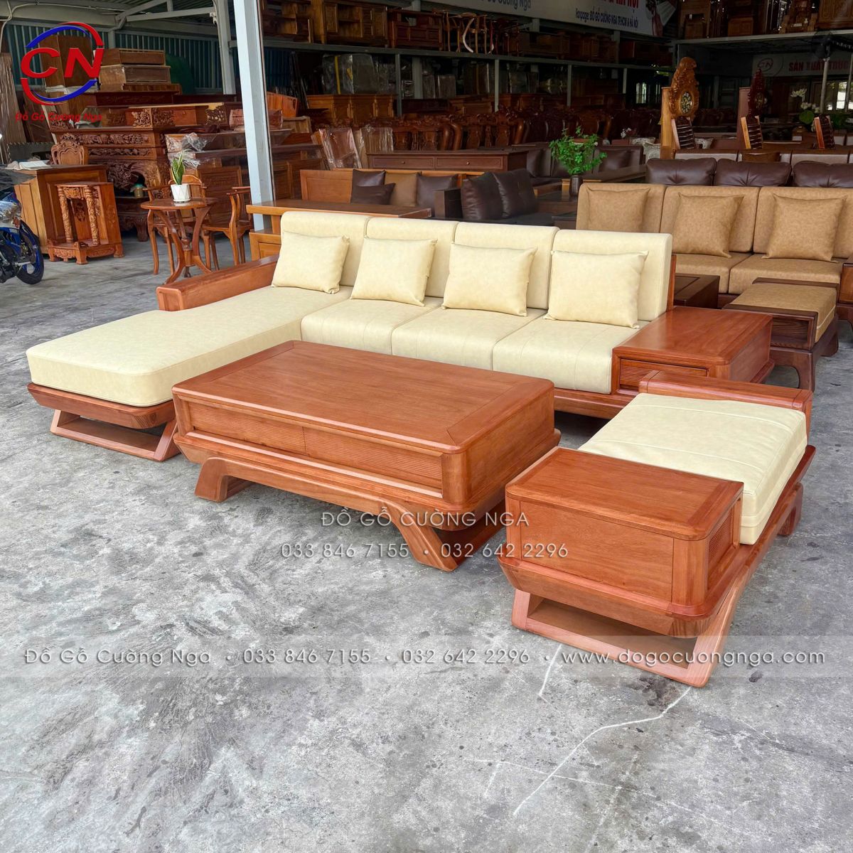 sofa gỗ đinh hương góc L 2m9x1m8 chân thuyền