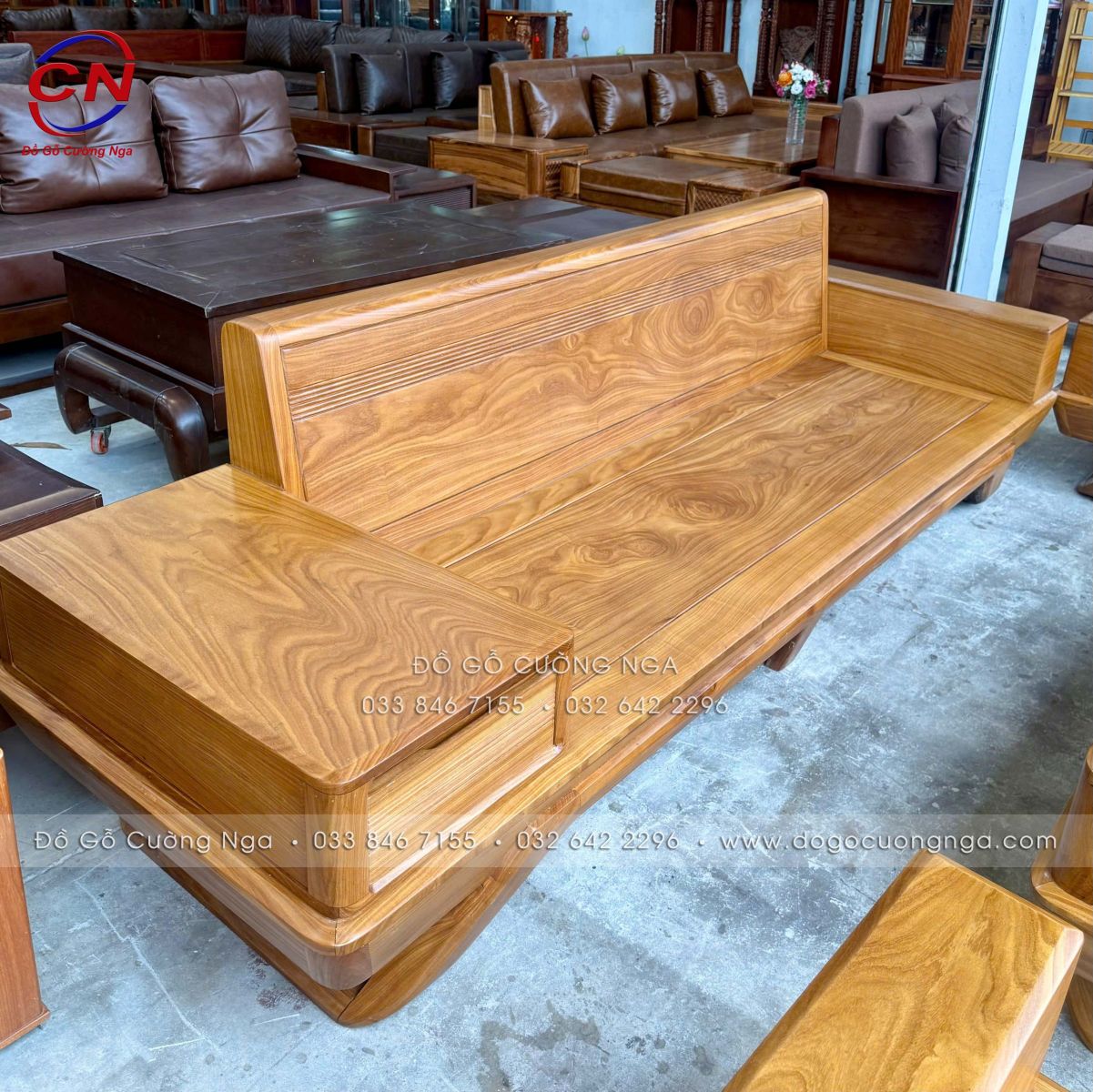 sofa gỗ cẩm vàng 2 văng chân thuyền