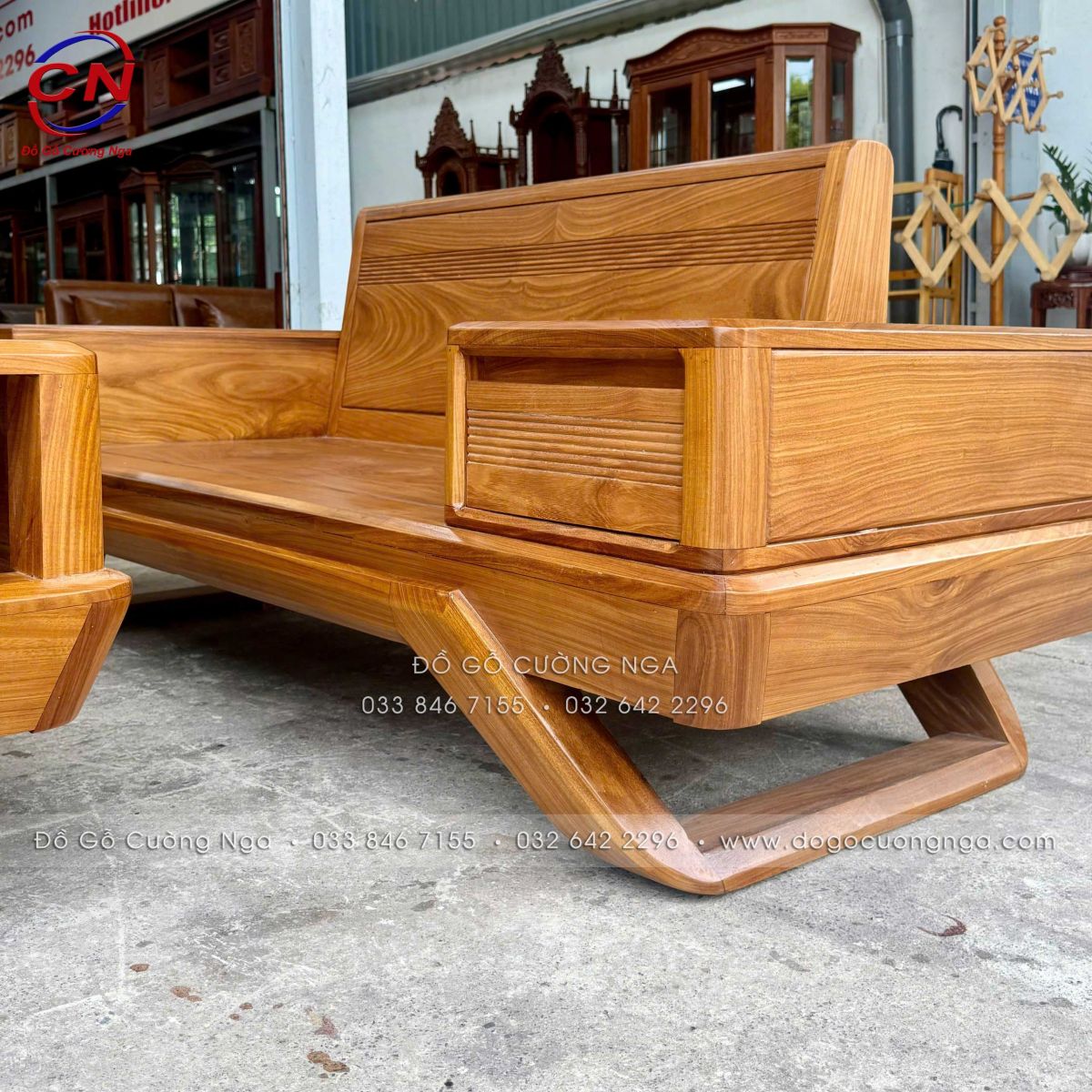 sofa gỗ cẩm vàng 2 văng chân thuyền