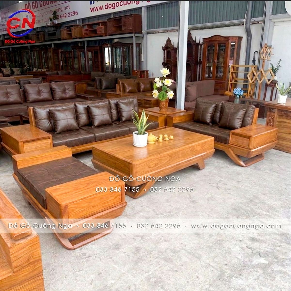 sofa gỗ cẩm vàng 2 văng chân thuyền
