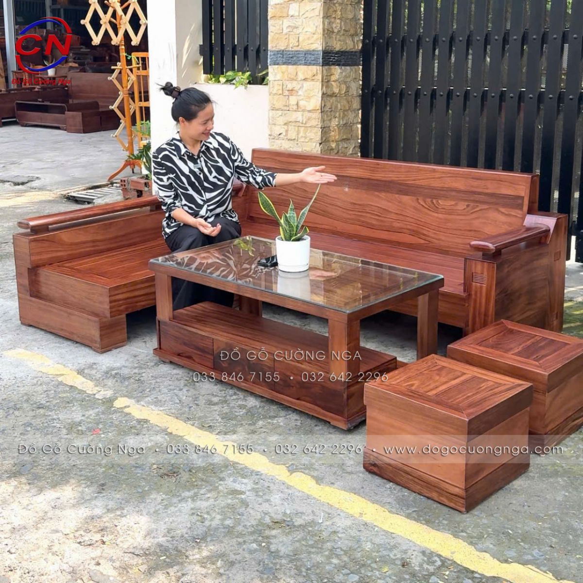 sofa góc L gỗ hương xám màu óc chó