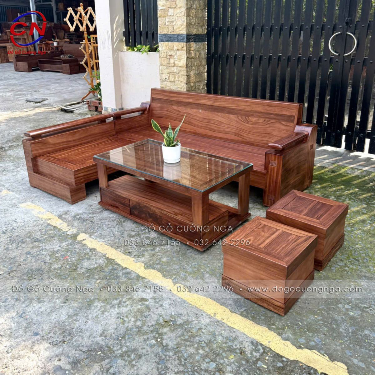 sofa góc L gỗ hương xám màu óc chó