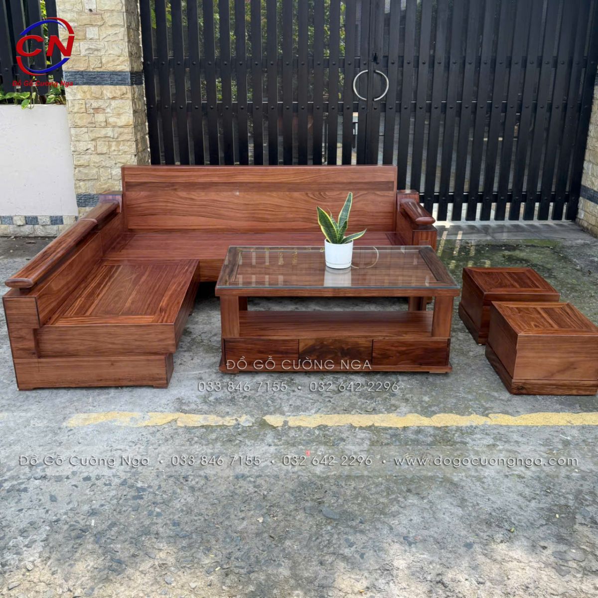 sofa góc L gỗ hương xám màu óc chó