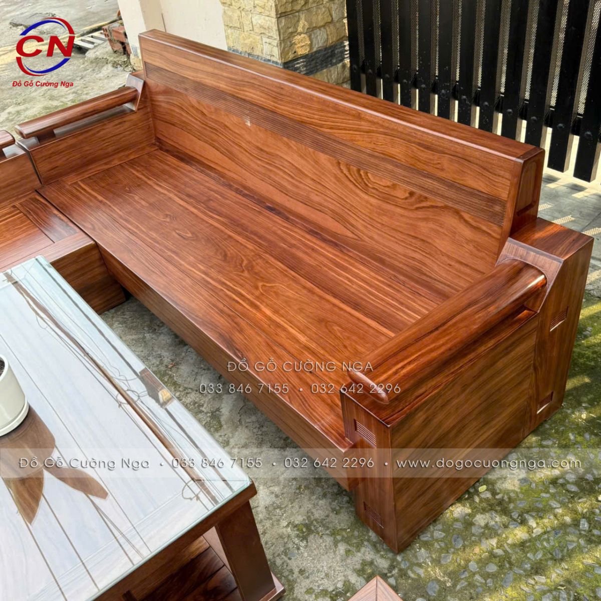 sofa góc L gỗ hương xám màu óc chó
