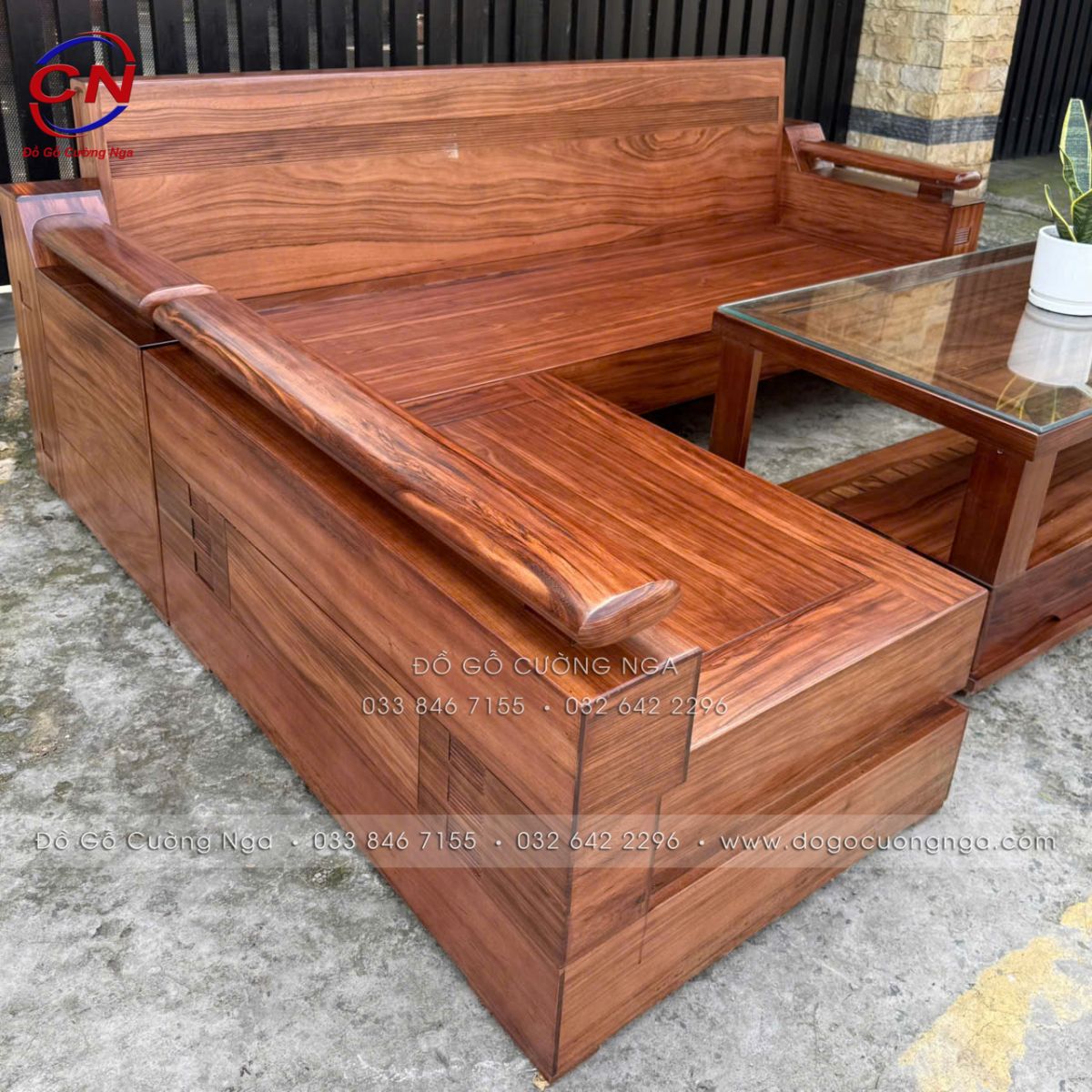 sofa góc L gỗ hương xám màu óc chó