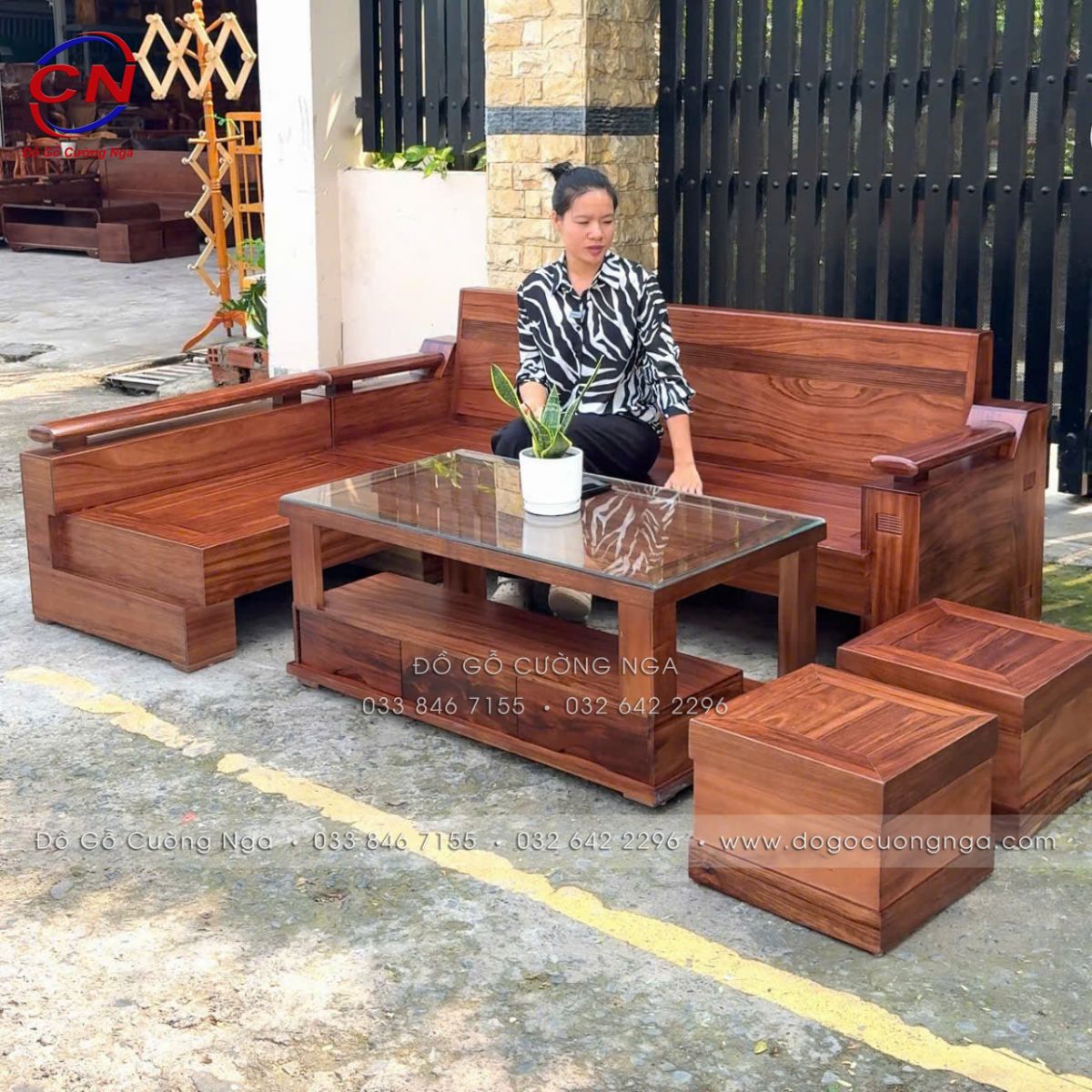 sofa góc L gỗ hương xám màu óc chó