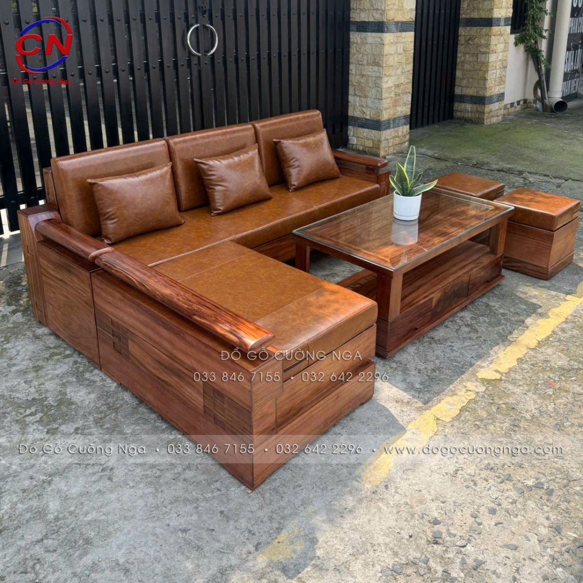 sofa góc L gỗ hương xám màu óc chó kèm nệm