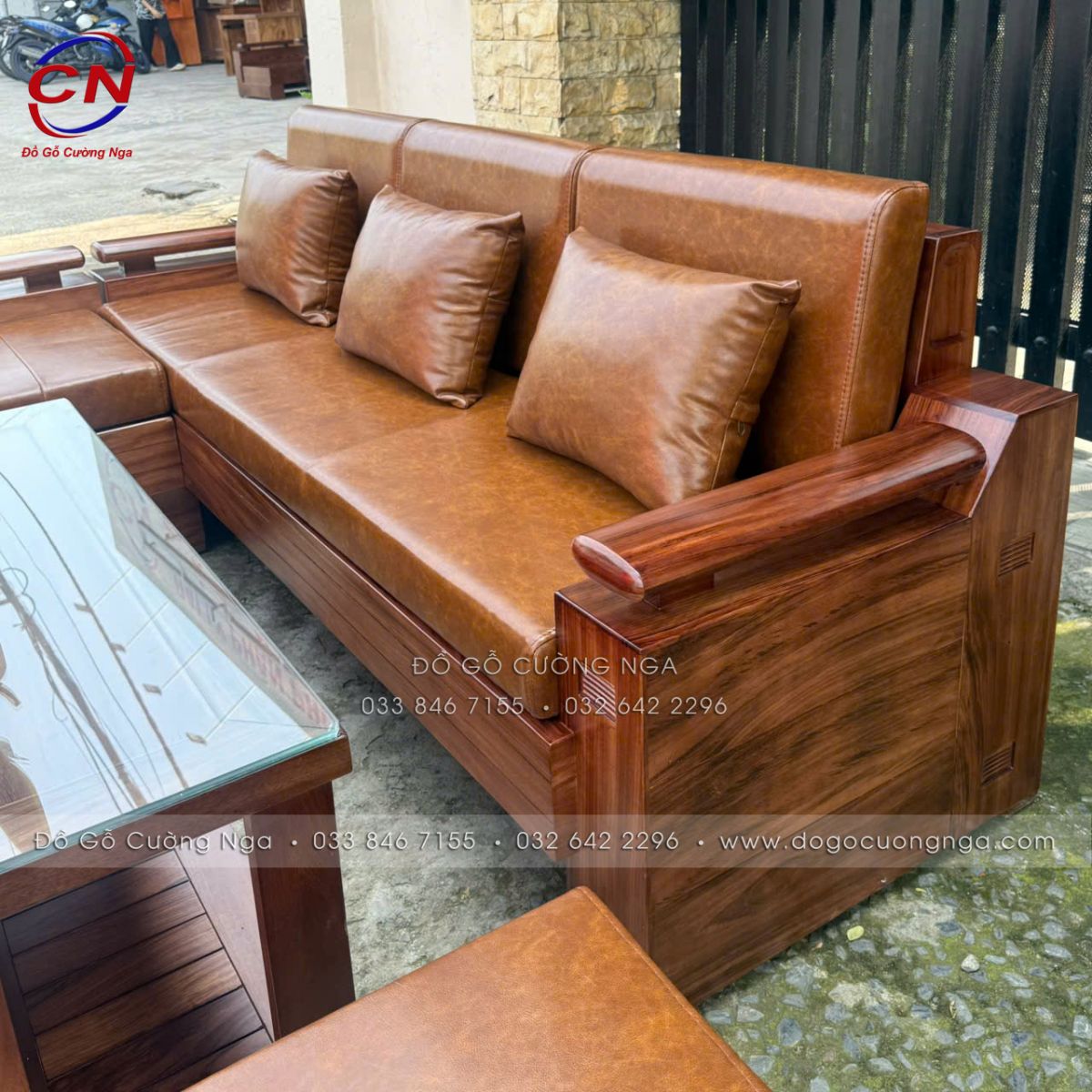 sofa góc L gỗ hương xám màu óc chó kèm nệm