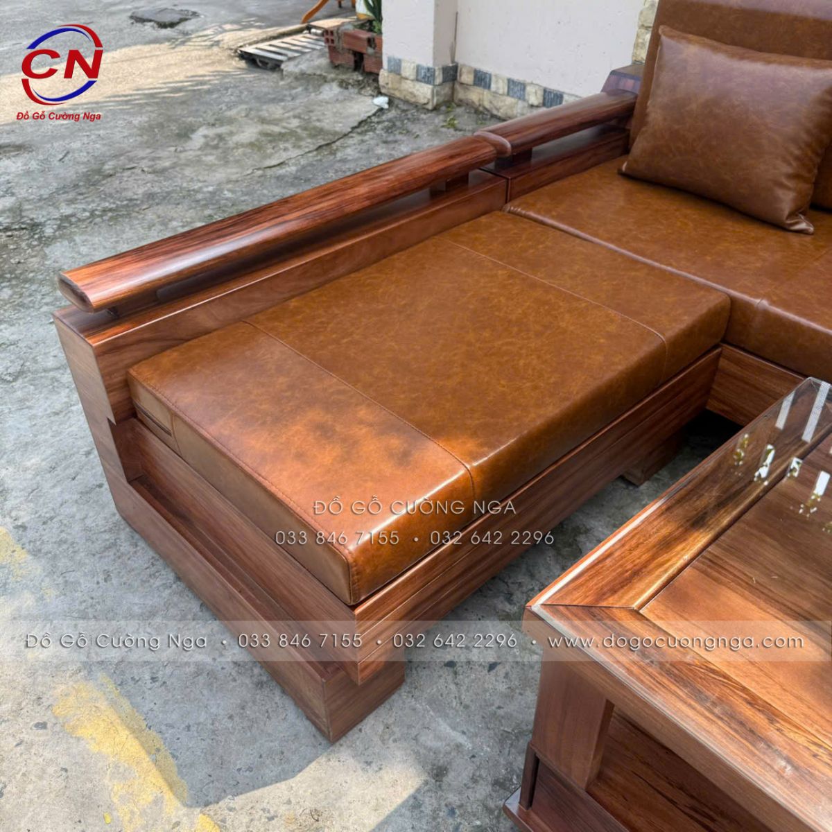 sofa góc L gỗ hương xám màu óc chó kèm nệm