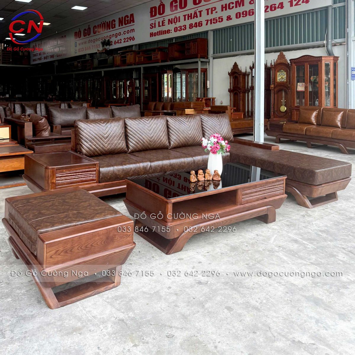 chụp toàn cảnh sofa góc L gỗ Sồi 3mx2m