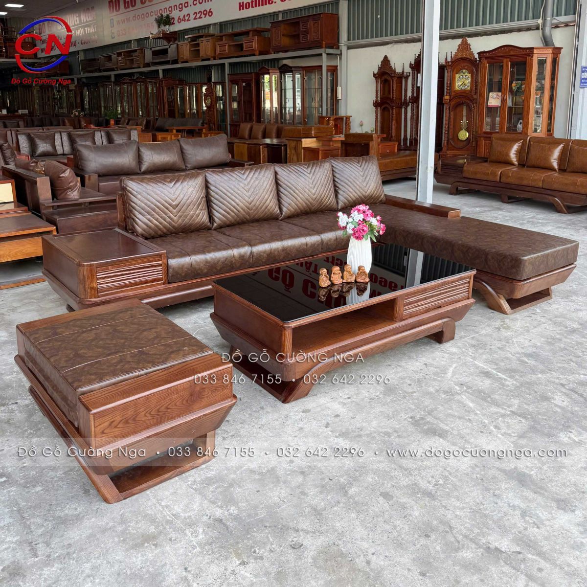 sofa góc L gỗ Sồi chân thuyền