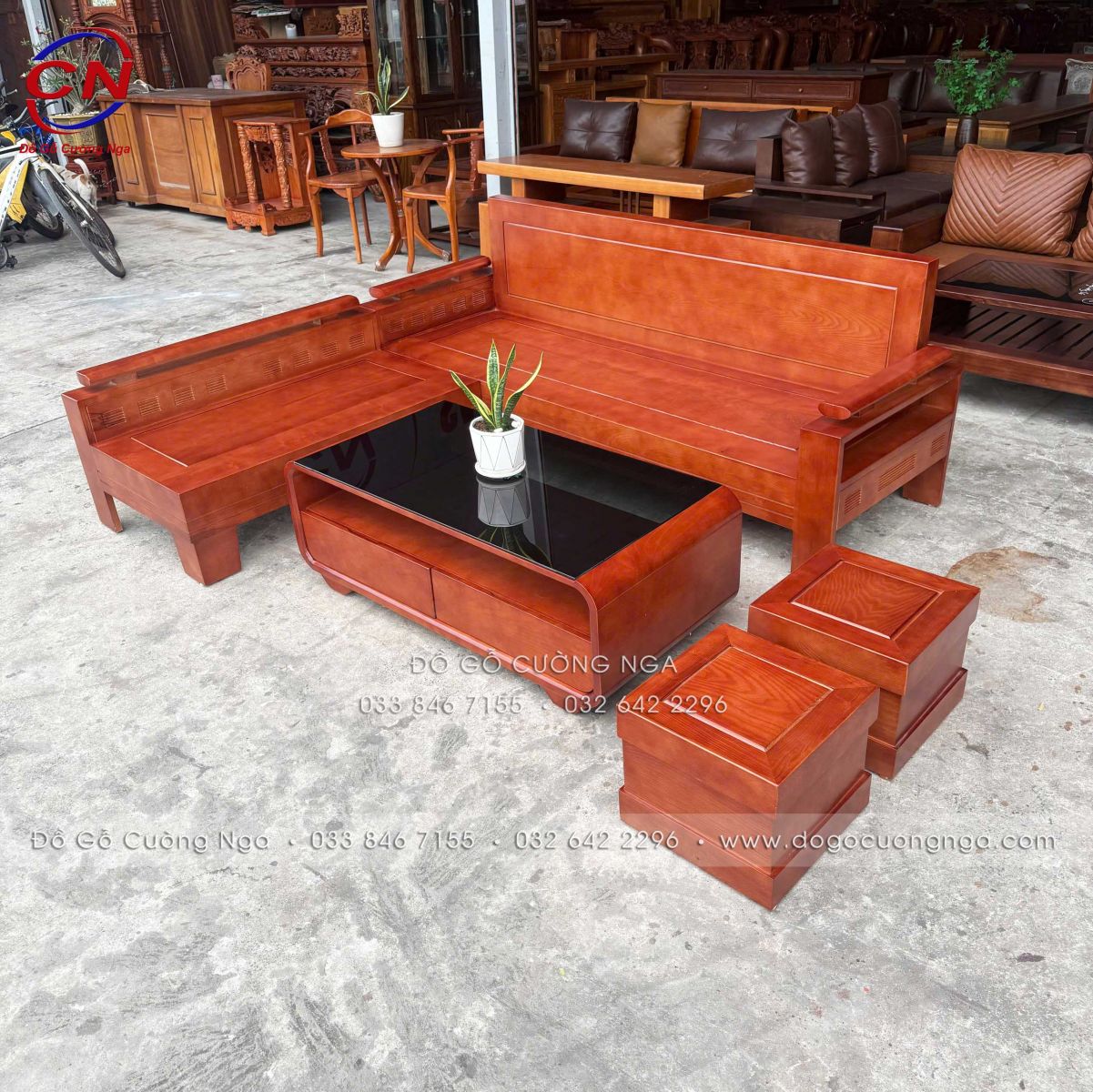 sofa gỗ Sồi màu cánh gián góc L 2mx1m8