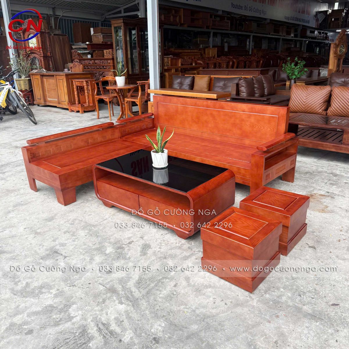 sofa gỗ Sồi màu cánh gián góc L 2mx1m8