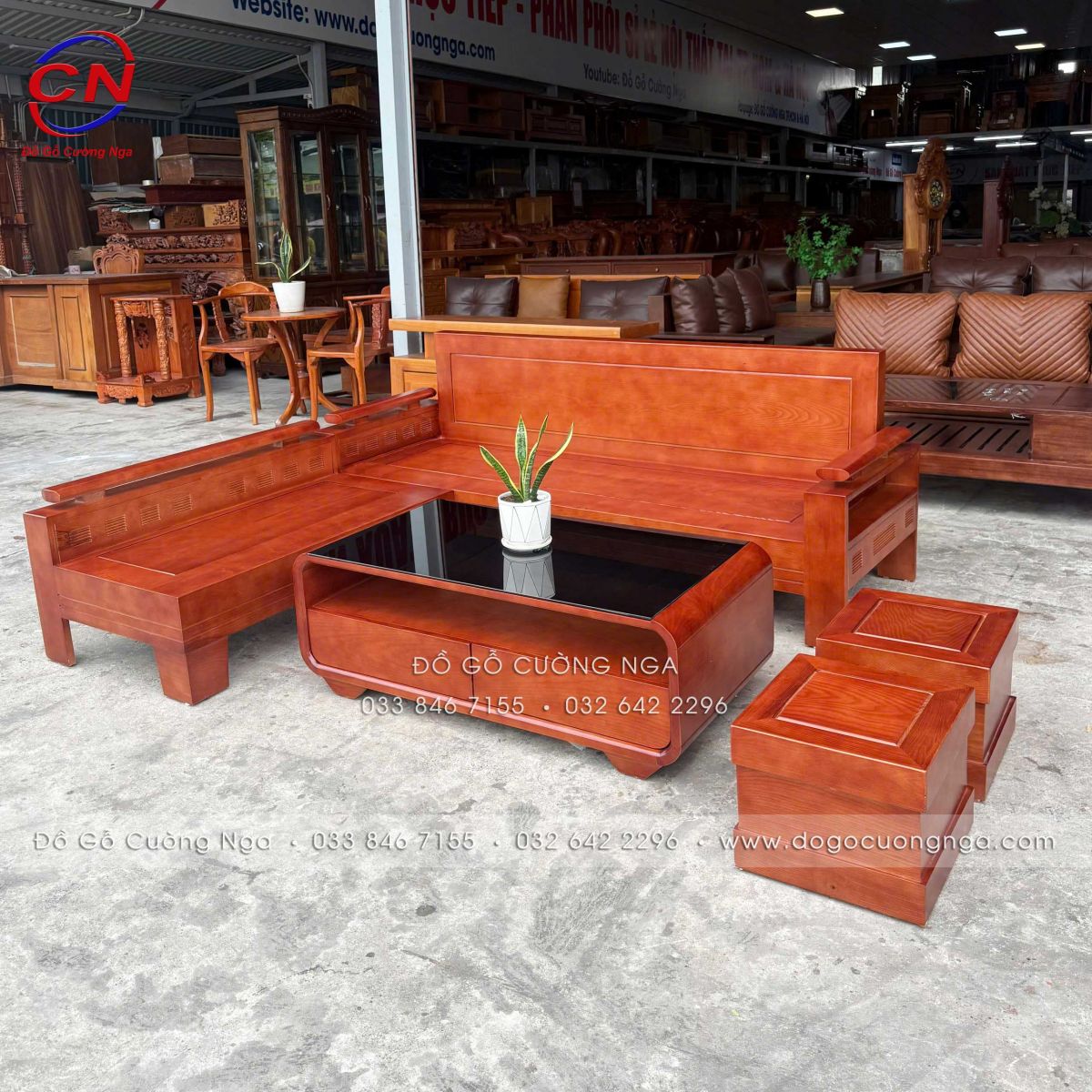 sofa gỗ Sồi màu cánh gián góc L 2mx1m8