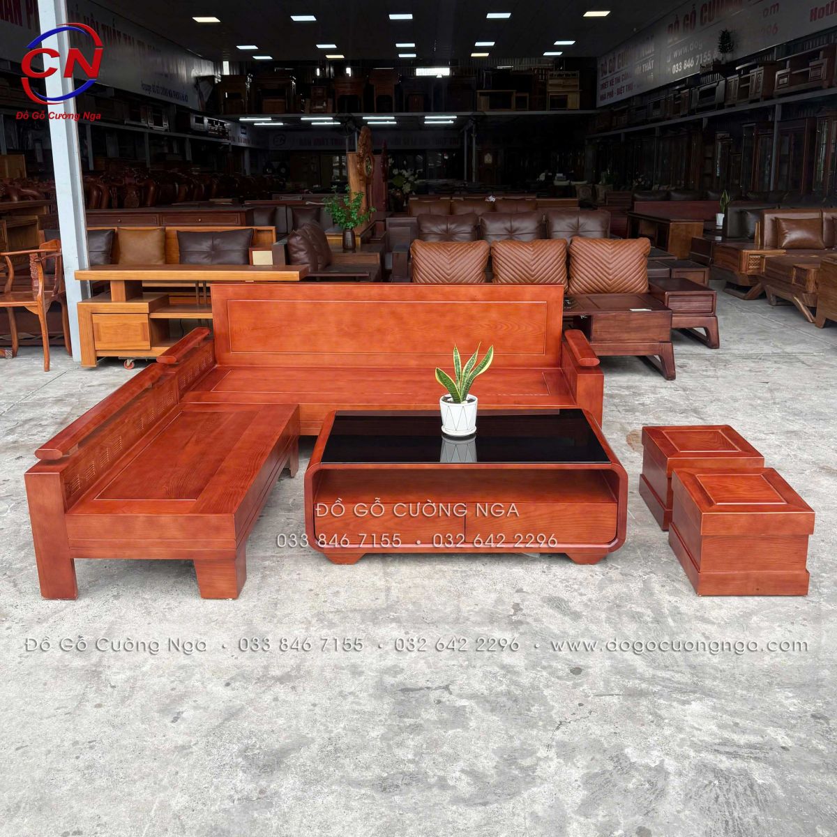 sofa gỗ Sồi màu cánh gián góc L 2mx1m8