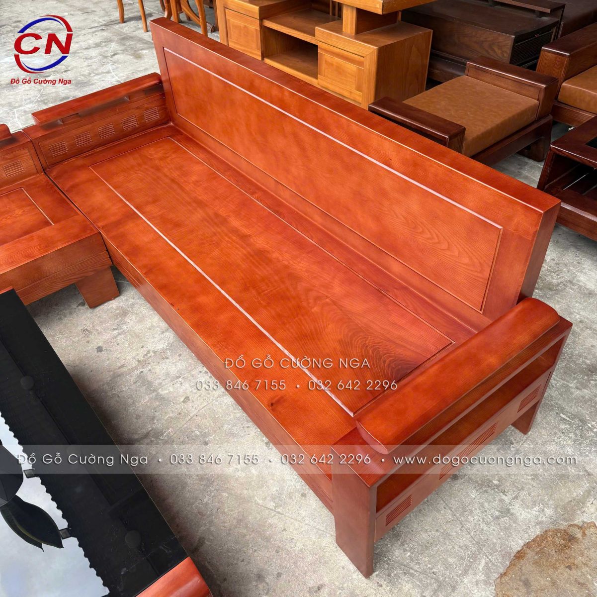 sofa gỗ Sồi màu cánh gián góc L 2mx1m8