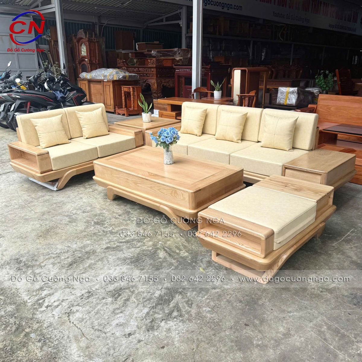 Sofa 2 Văng chân Chuyền Gỗ Sồi Nga Màu Tự Nhiên Cao Cấp - Vế Trái