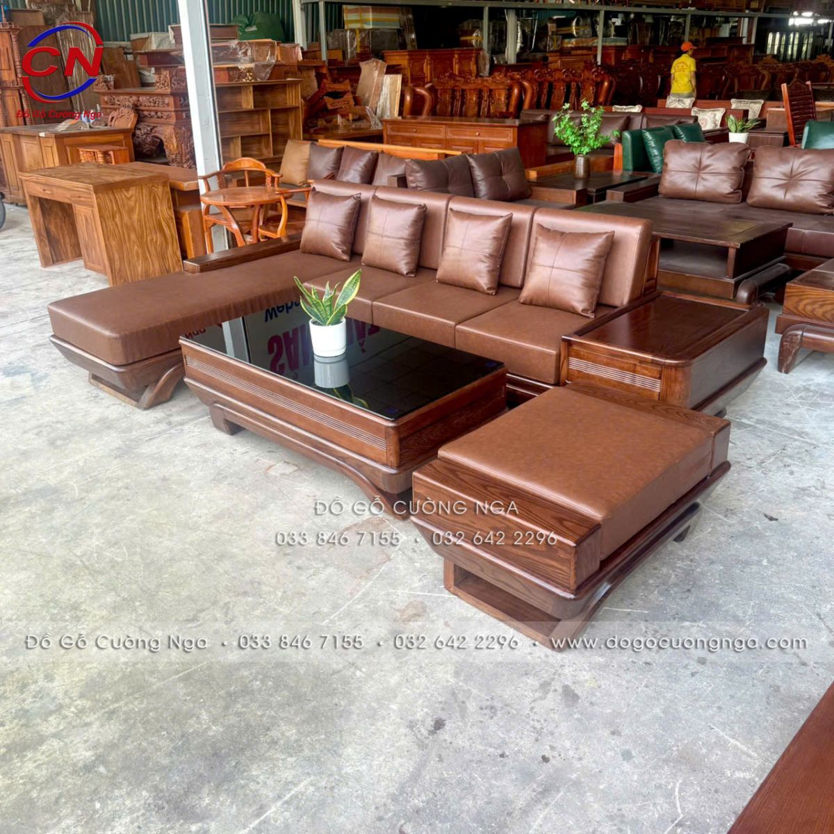 Sofa Gỗ Sồi Nga Góc L Màu Óc Chó Sơn Inchem - Chân Thuyền, Nệm Da Cleo 11