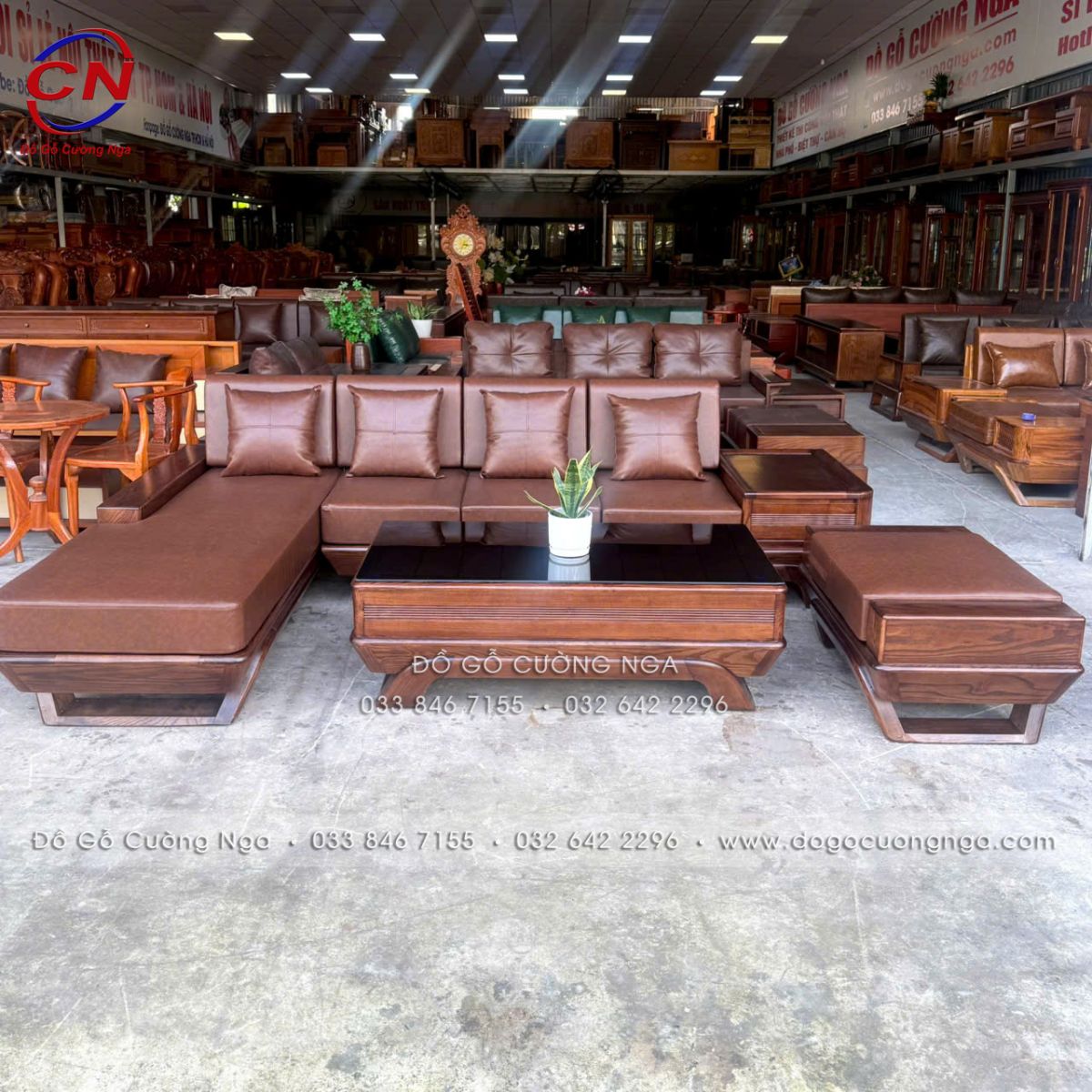 Sofa Gỗ Sồi Nga Góc L Màu Óc Chó Sơn Inchem - Chân Thuyền, Nệm Da Cleo 11