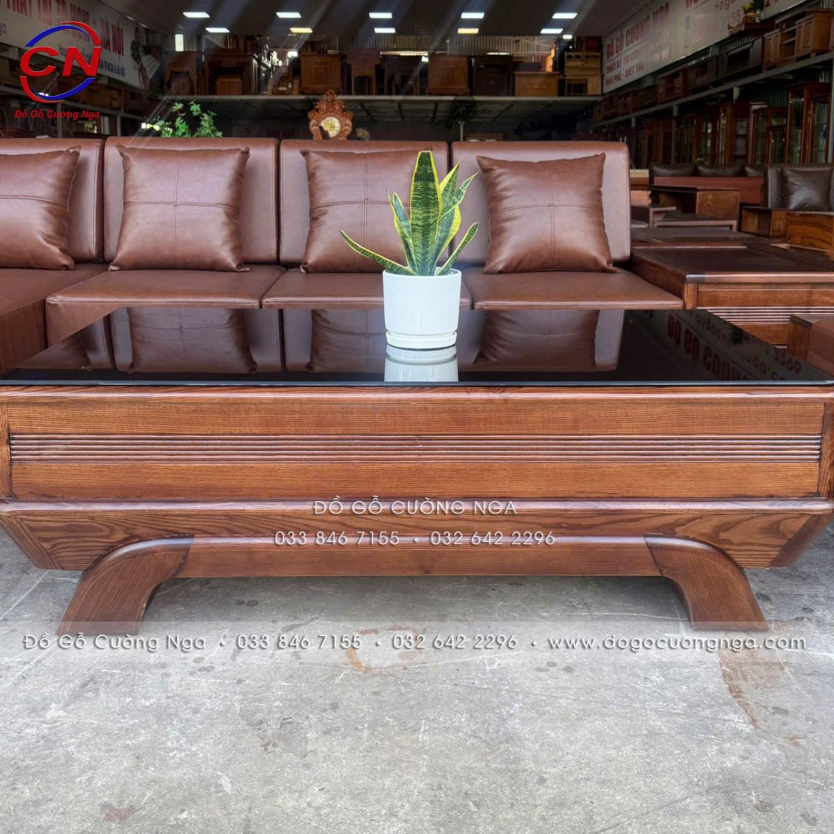 Sofa Gỗ Sồi Nga Góc L Màu Óc Chó Sơn Inchem - Chân Thuyền, Nệm Da Cleo 11