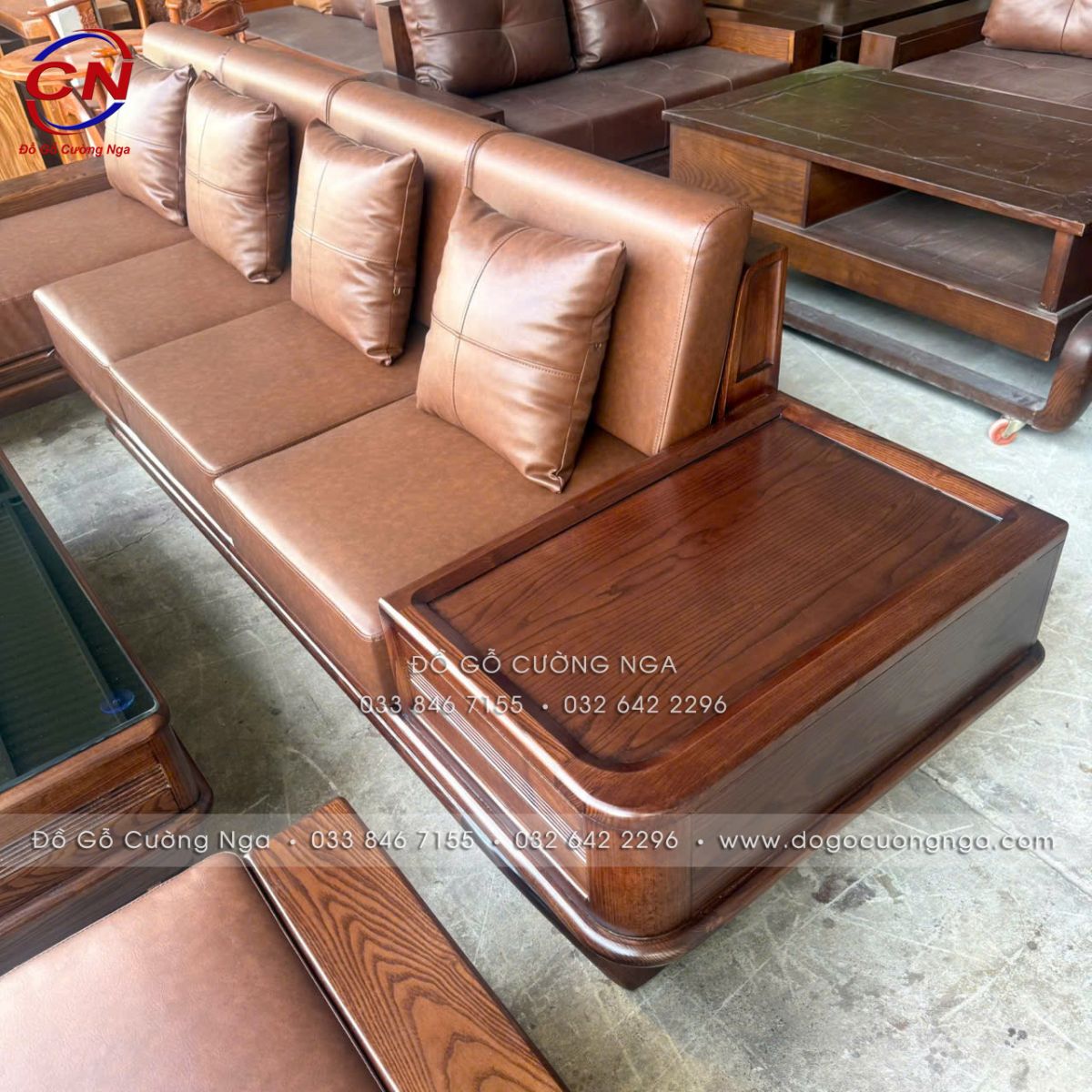 Sofa Gỗ Sồi Nga Góc L Màu Óc Chó Sơn Inchem - Nệm Da Cleo 11