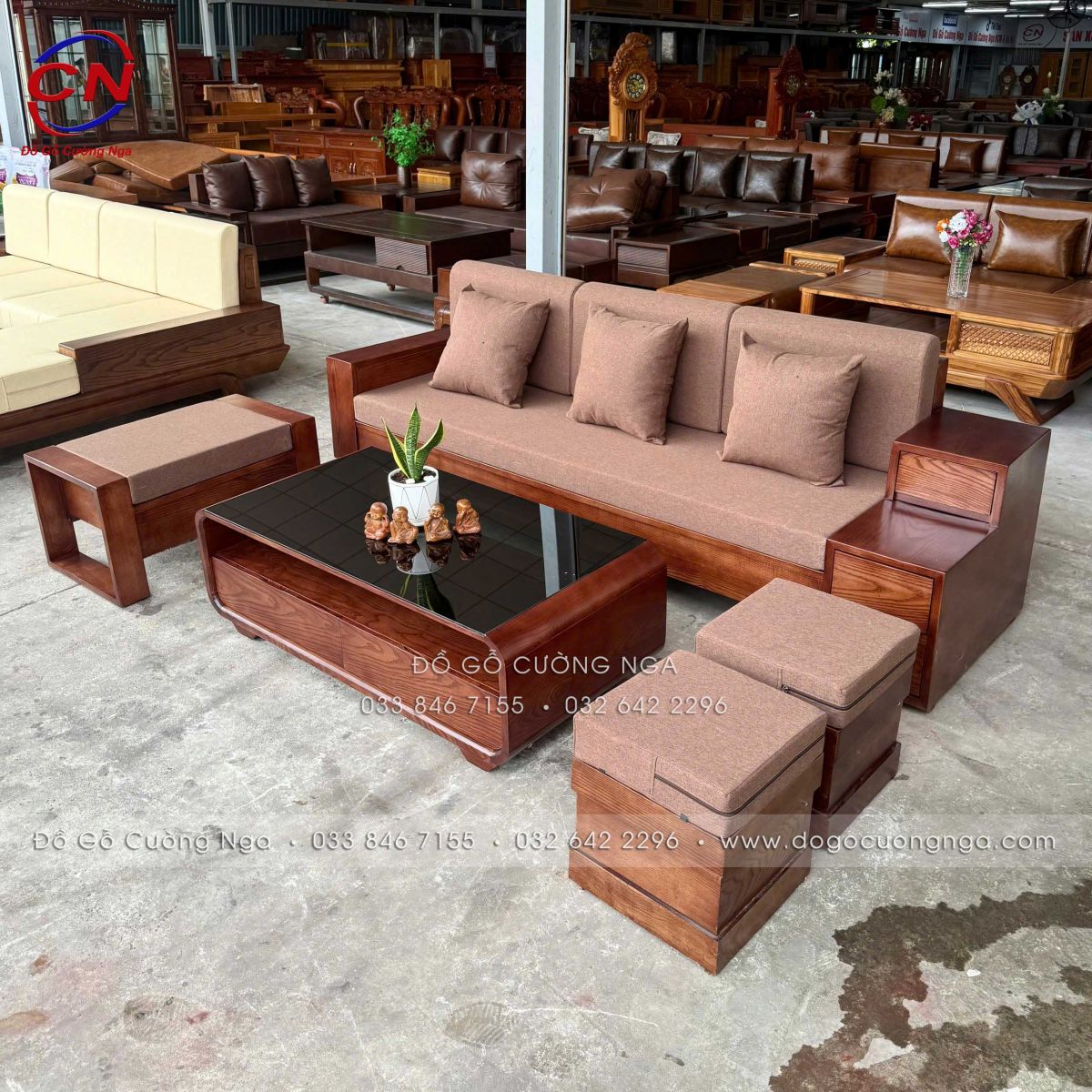 sofa văng 2m3 gỗ sồi màu óc chó kèm nệm vải