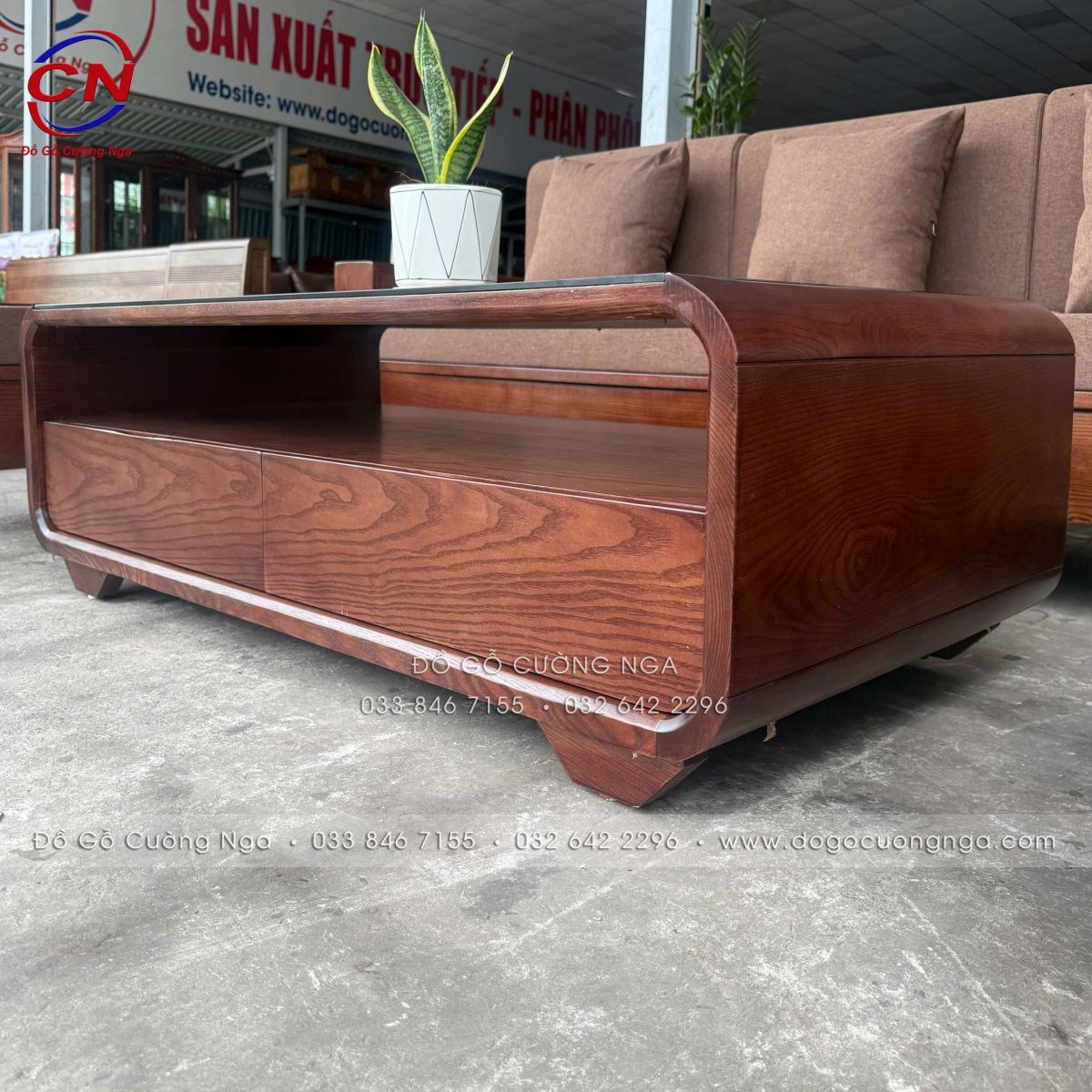 sofa văng 2m3 gỗ sồi màu óc chó kèm nệm vải