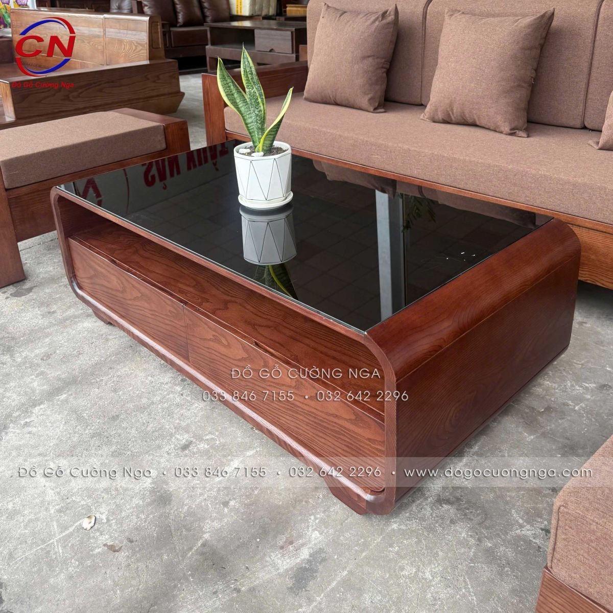 sofa văng 2m3 gỗ sồi màu óc chó kèm nệm vải