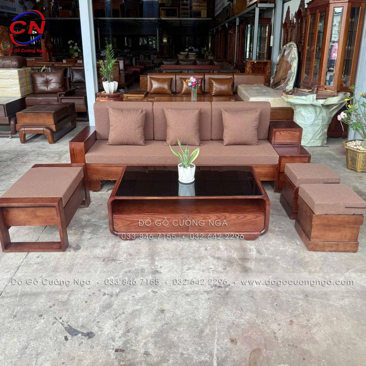 sofa văng 2m3 gỗ sồi màu óc chó kèm nệm vải