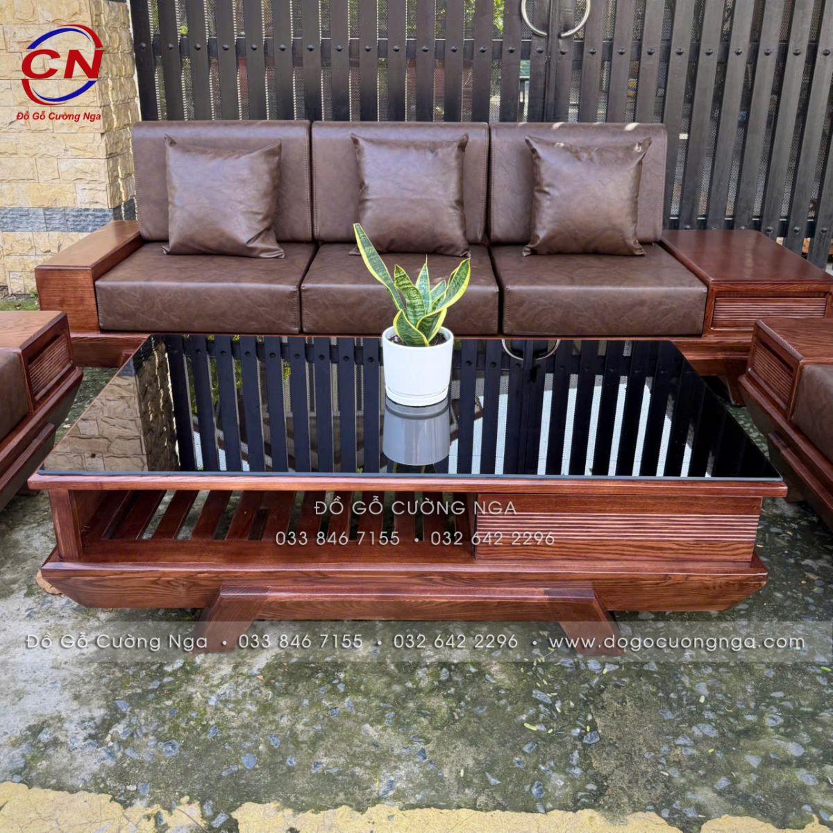 Sofa Văng Gỗ Sồi Nga Chân Thuyền Màu Óc Chó Kèm Nệm Bàn Có Kính