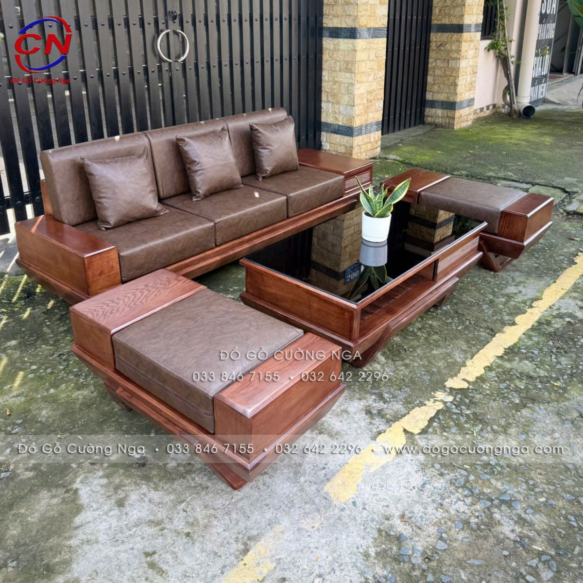 Sofa Văng Gỗ Sồi Nga Chân Thuyền Màu Óc Chó Kèm Nệm - 2 Đôn, Tặng Kính Bàn