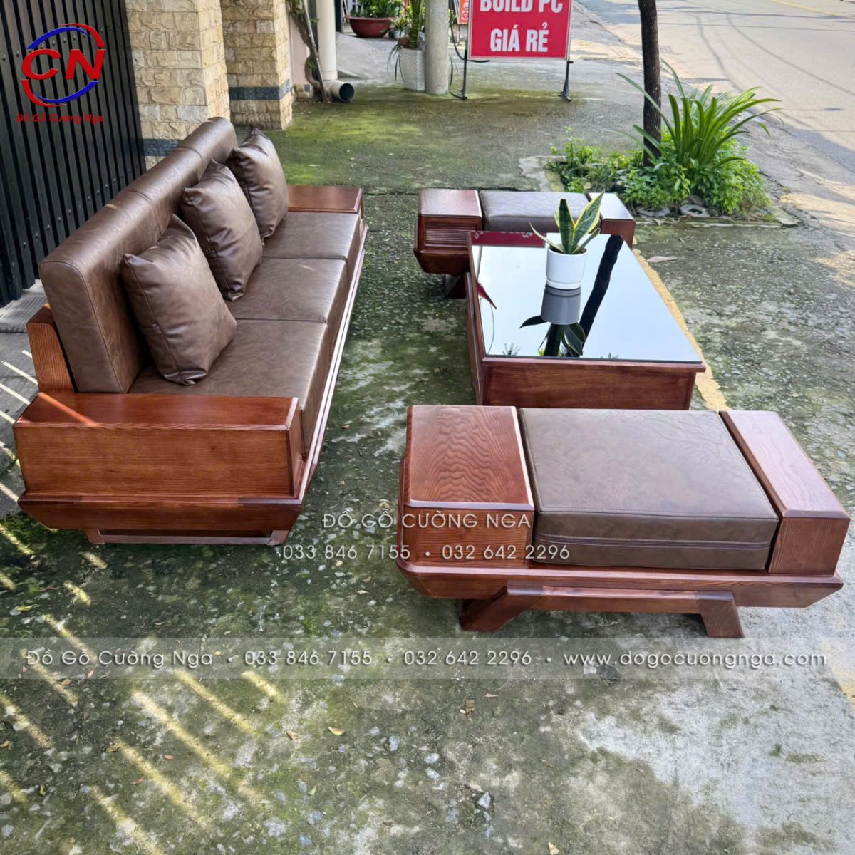 Sofa Văng Gỗ Sồi Nga Chân Thuyền Màu Óc Chó Kèm Nệm Da Cao Cấp