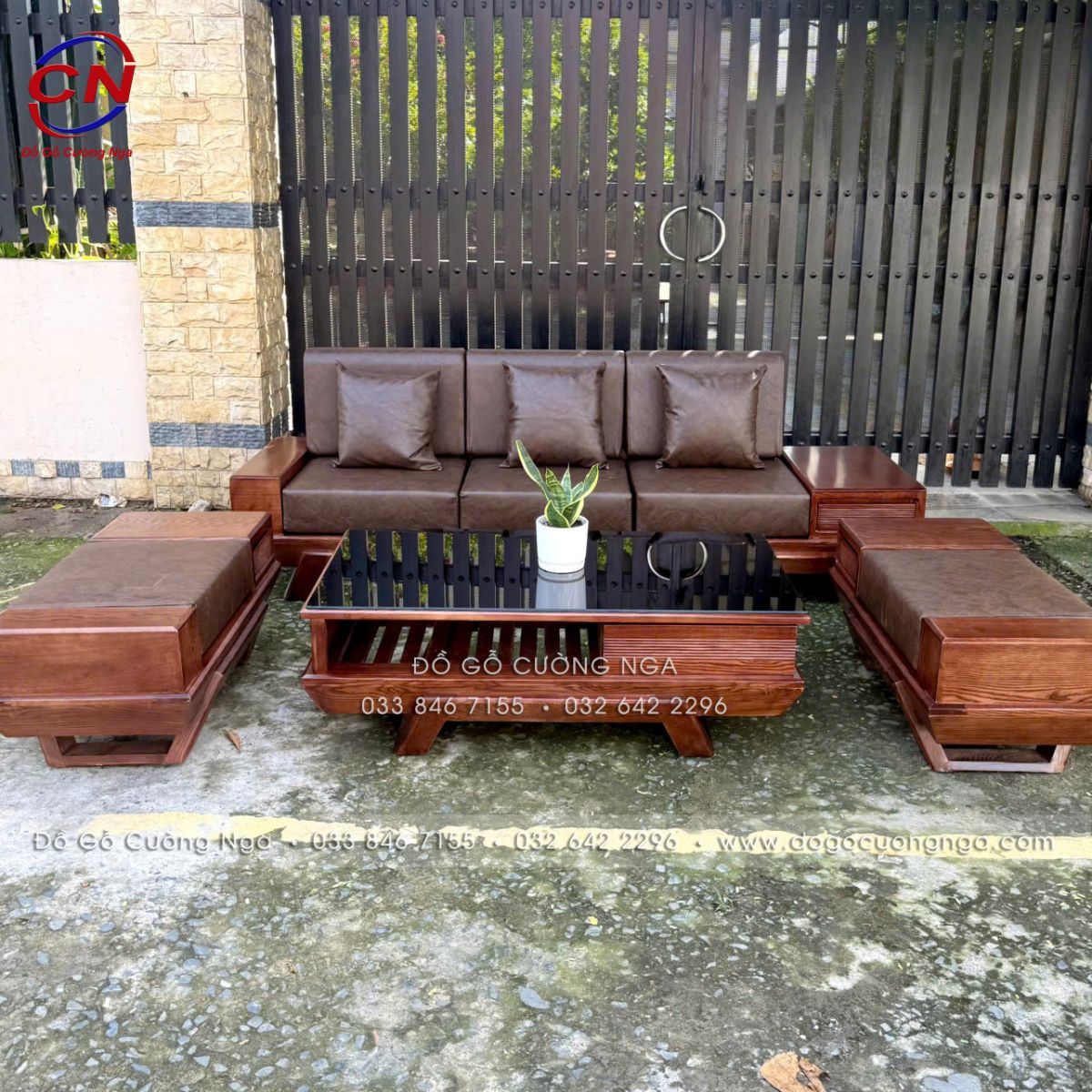 Sofa Văng Gỗ Sồi Nga Chân Thuyền Màu Óc Chó Kèm Nệm - 2 Đôn, Tặng Kính Bàn